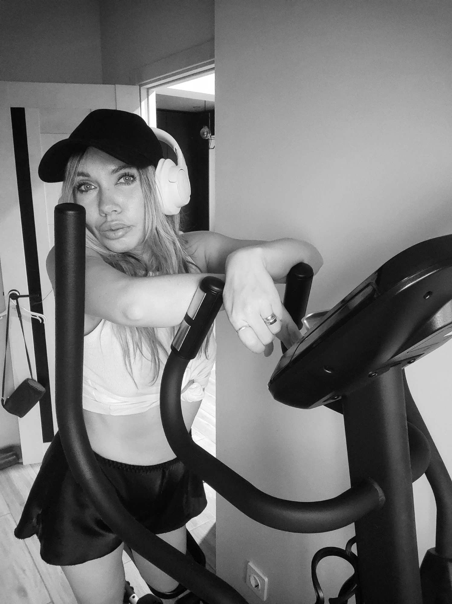 Woman exercises at home in Votkinsk, Russia