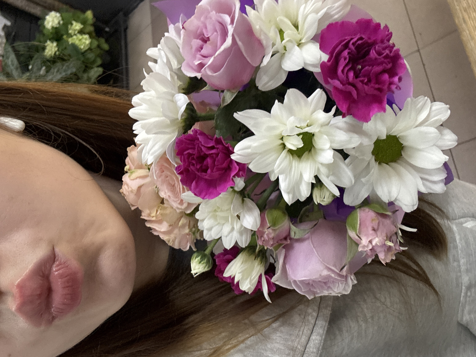 Flower bouquets in lavender baskets, close up and personal