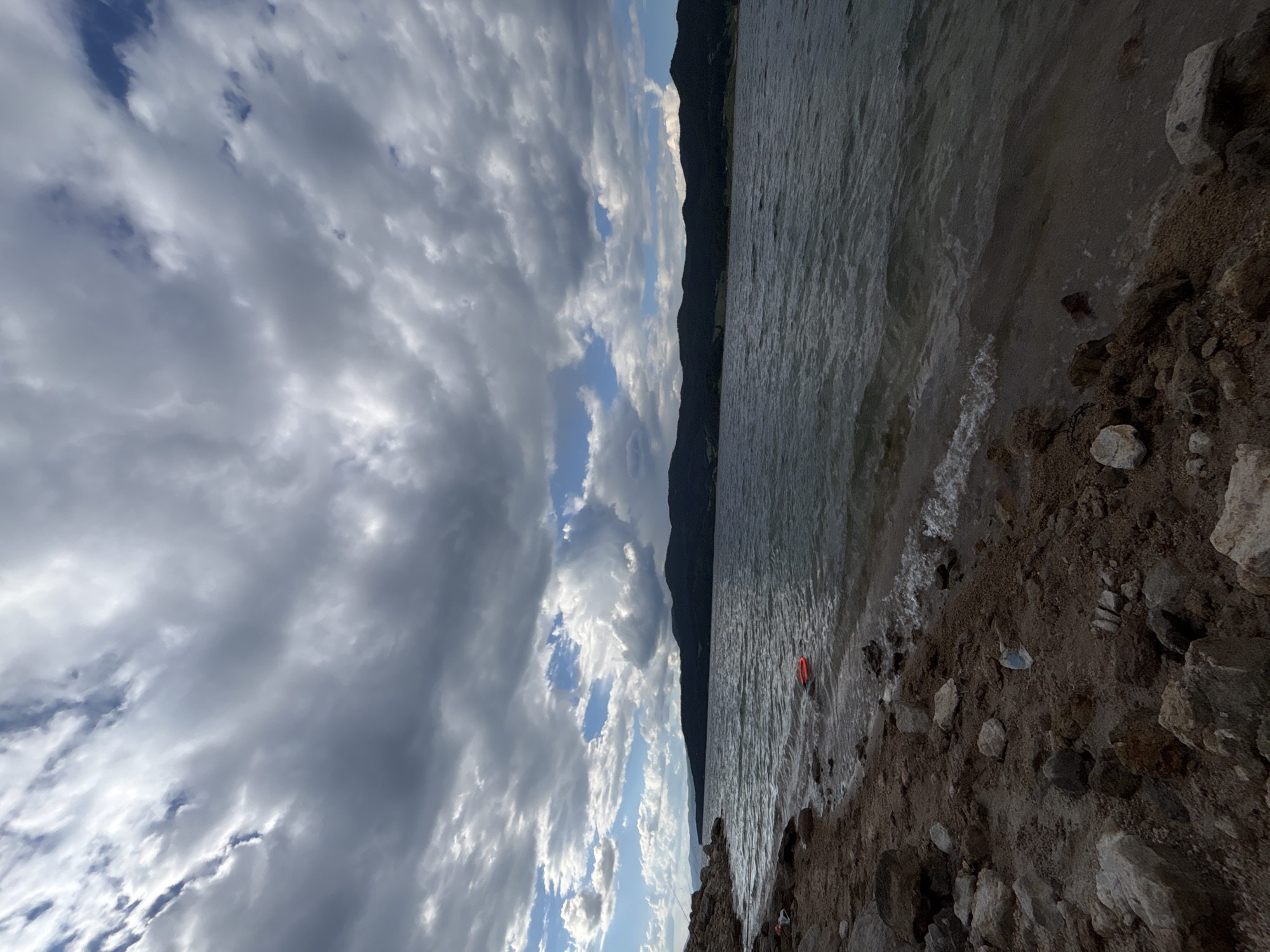 Rocky lakeshore with mountain backdrop, shot from several angles