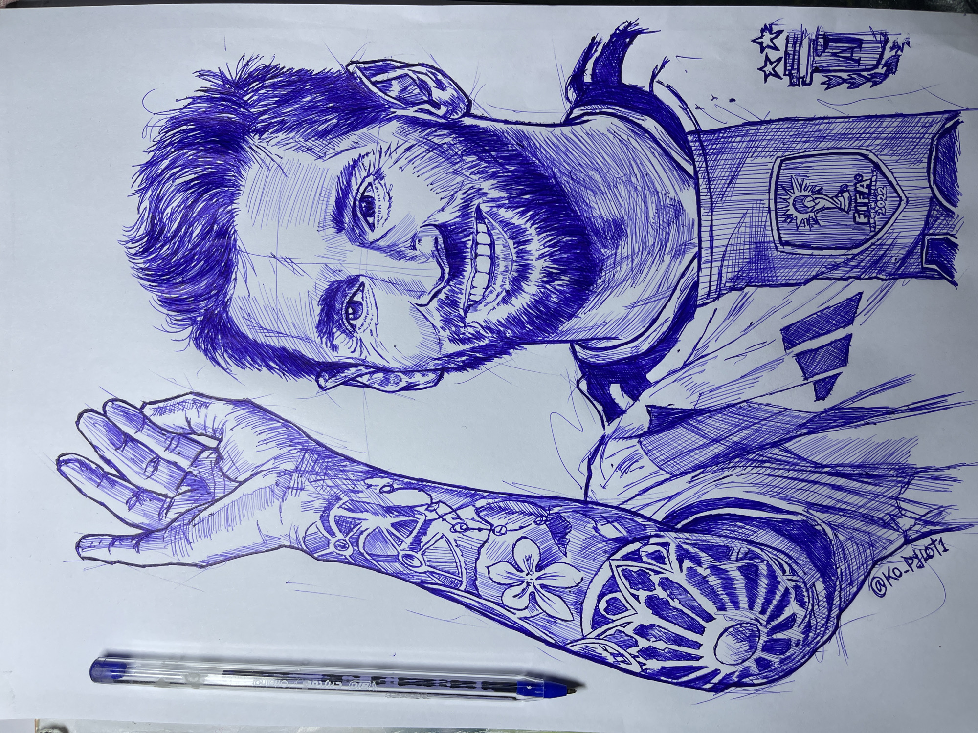 Blue ink Messi portrait in progress, Jos Nigeria