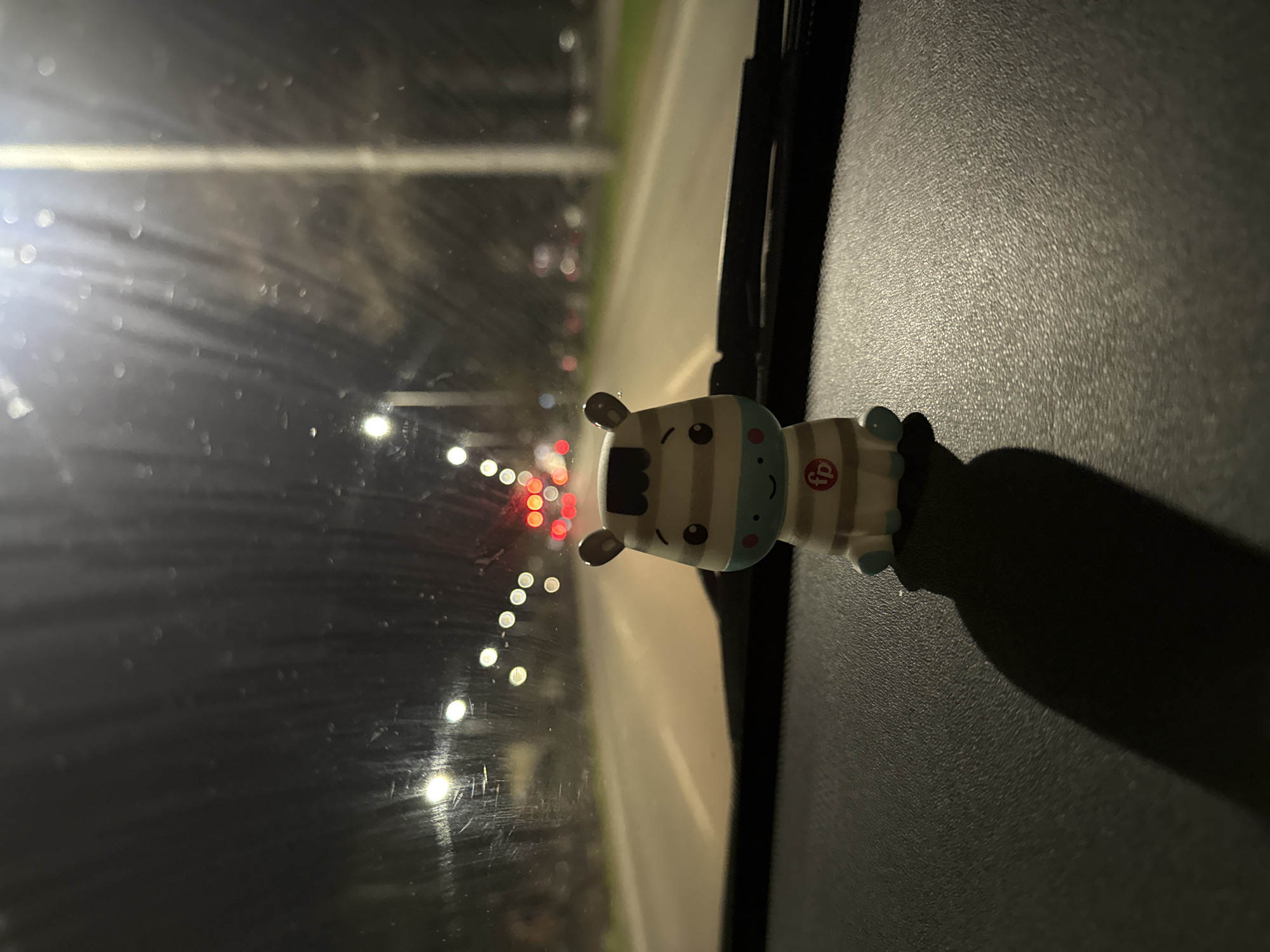 Zebra toy spotted on car windshield in Plovdiv night street
