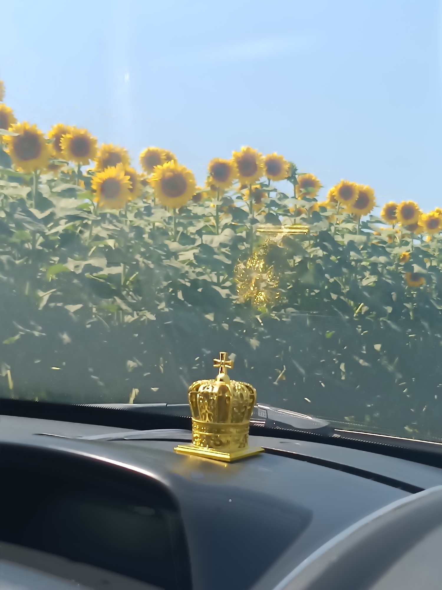 Golden crown dashboard ornament, rural Moldova roads ahead.