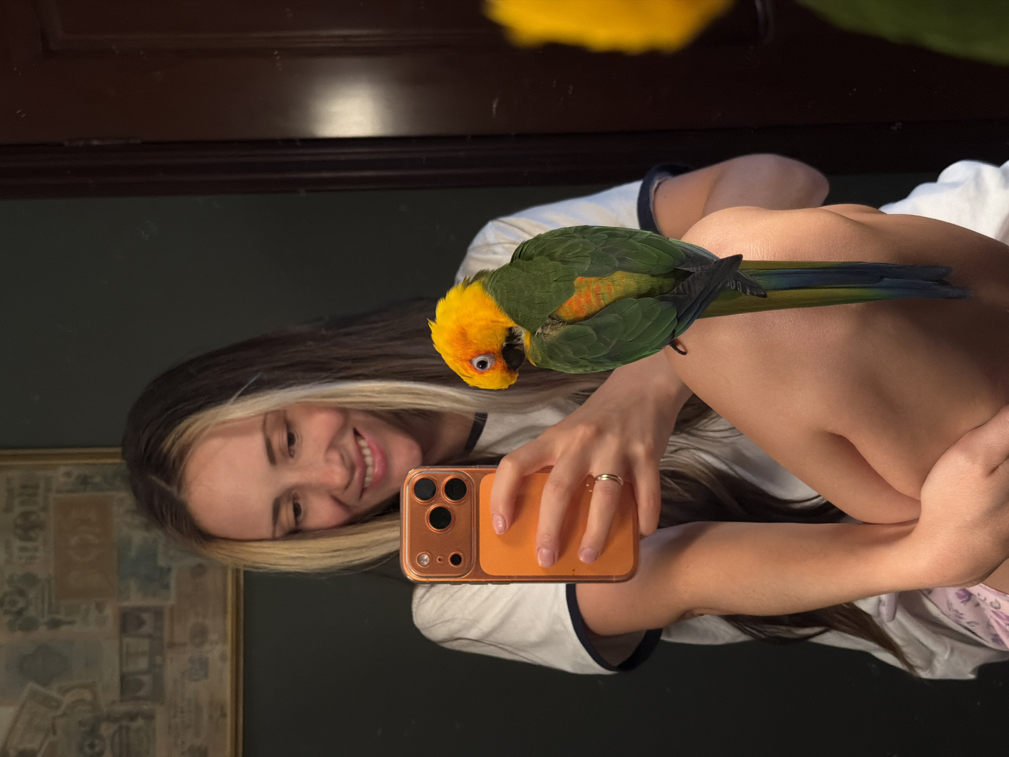 Casual afternoon at home in Khimki with a parrot and fast food