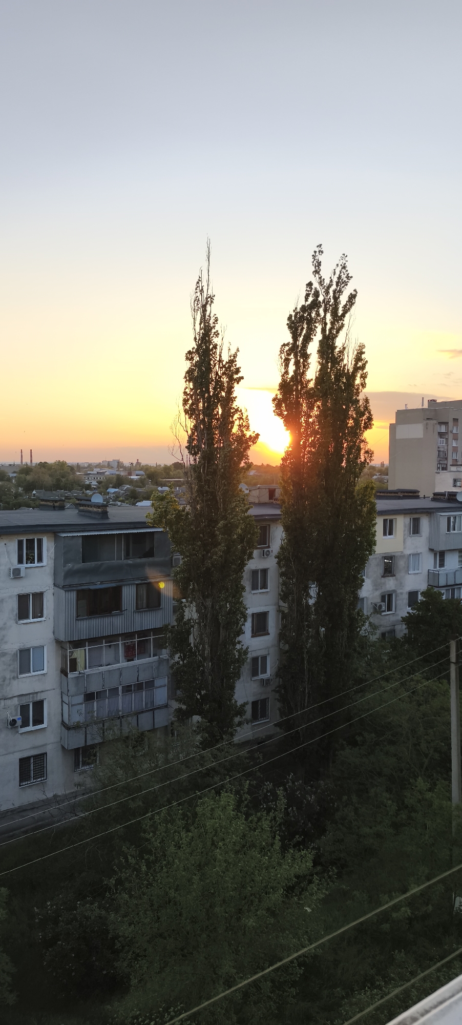 Sunset cityscape captured with orange horizon, tall trees visible