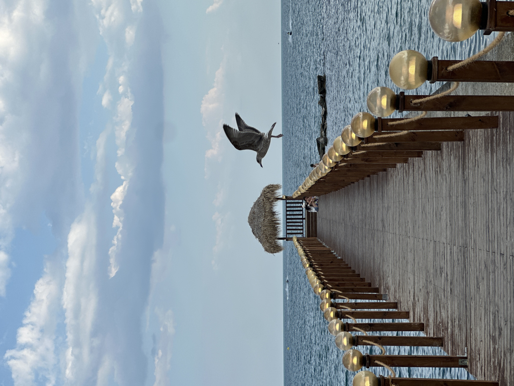 Wooden pier with yellow lights over calm sea in Balchik
