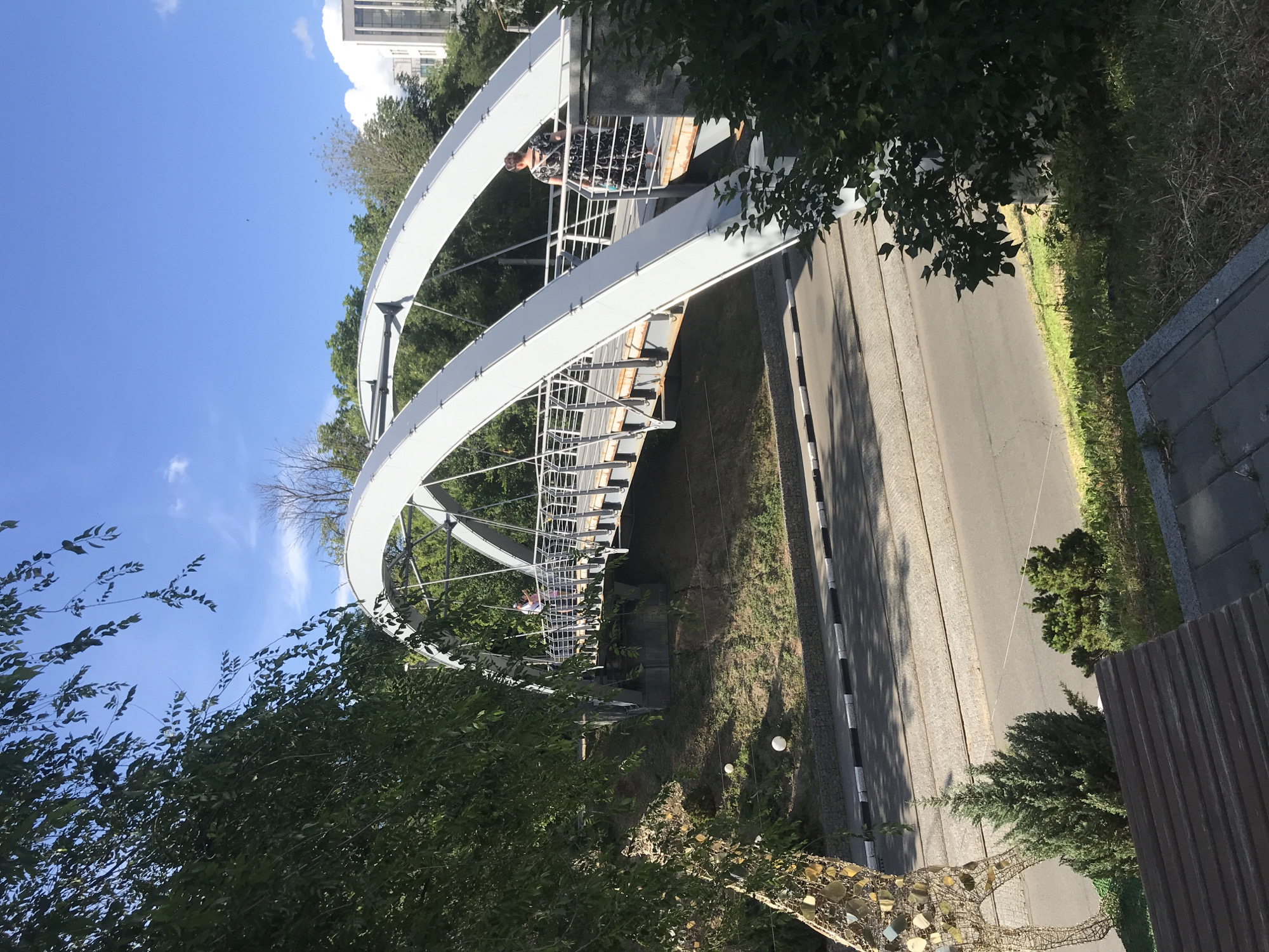 Urban afternoon scenes featuring bridge, fountain, and polar bear statue