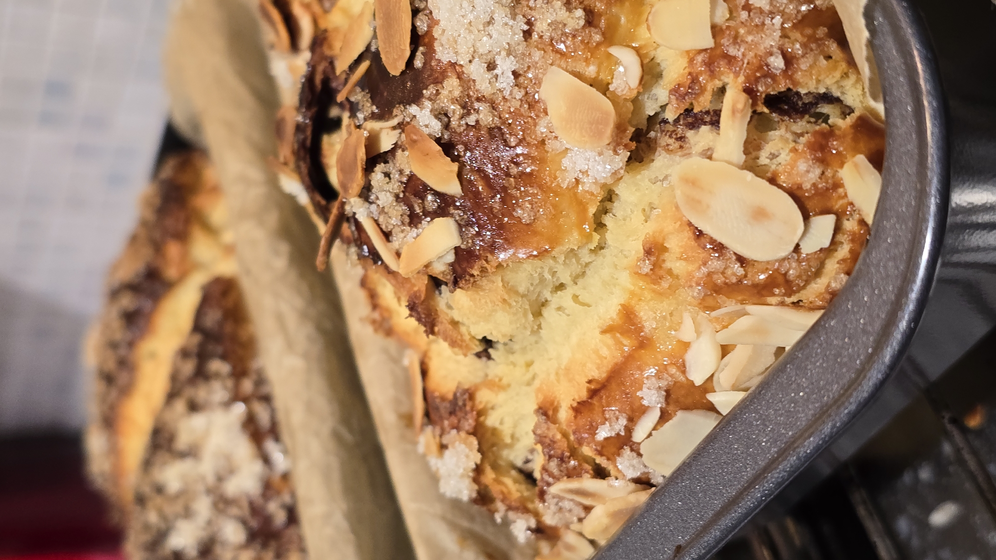 Fresh babka with almonds documented in baking pan