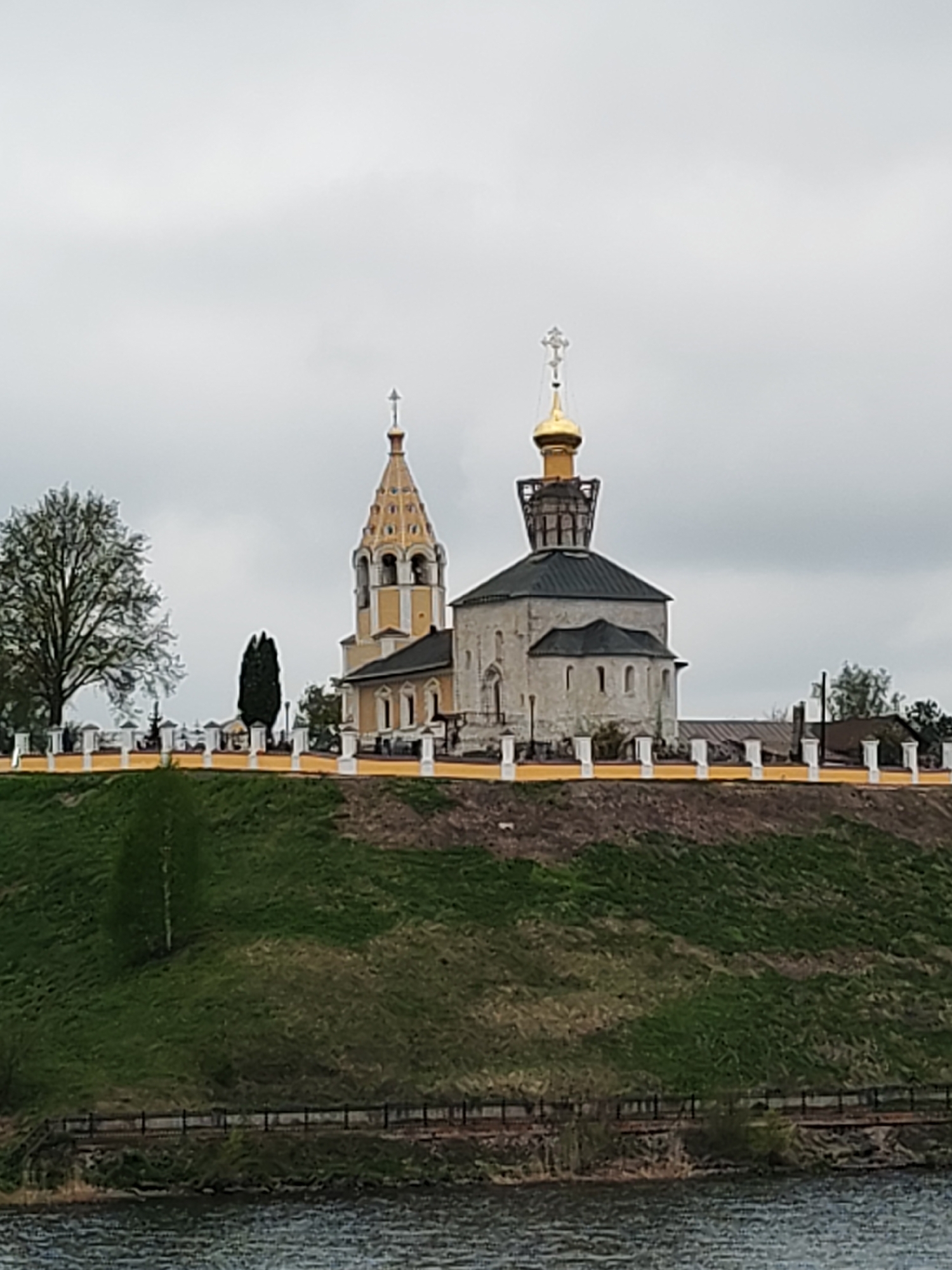 Church complex photographed on hill in Gorodnya, Russia