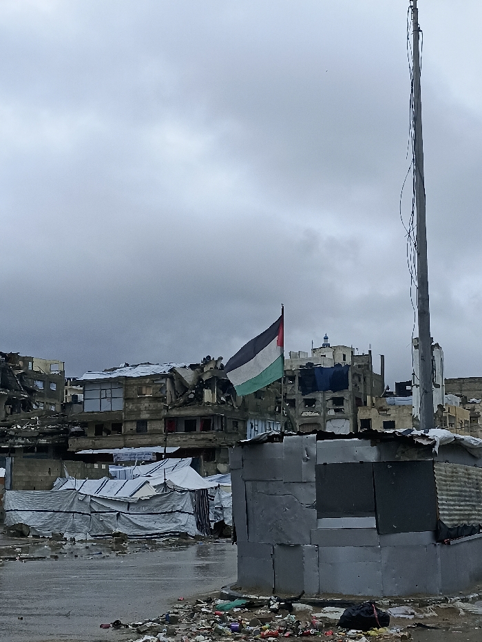 Damaged Gaza City streets documented under grey skies