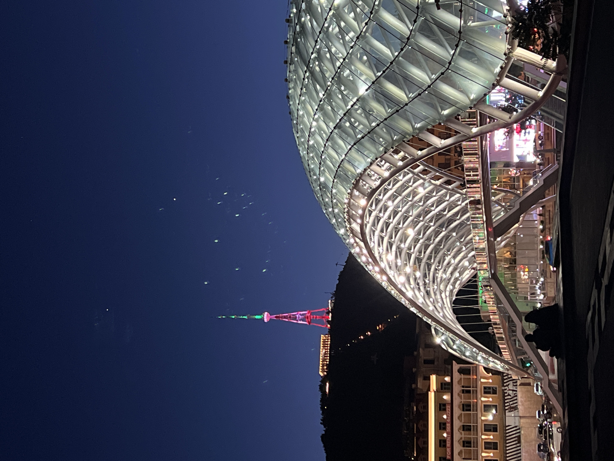 Nighttime cityscape documentation captures illuminated Tbilisi landmarks and architecture