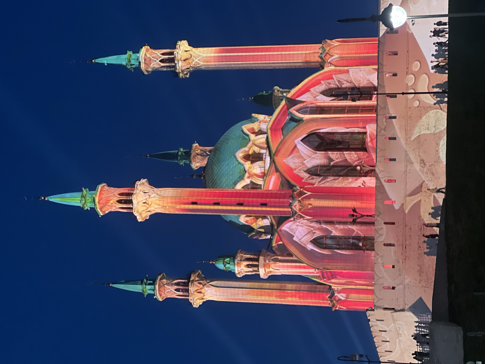 Kul Sharif Mosque illuminated with colorful light projections in Kazan