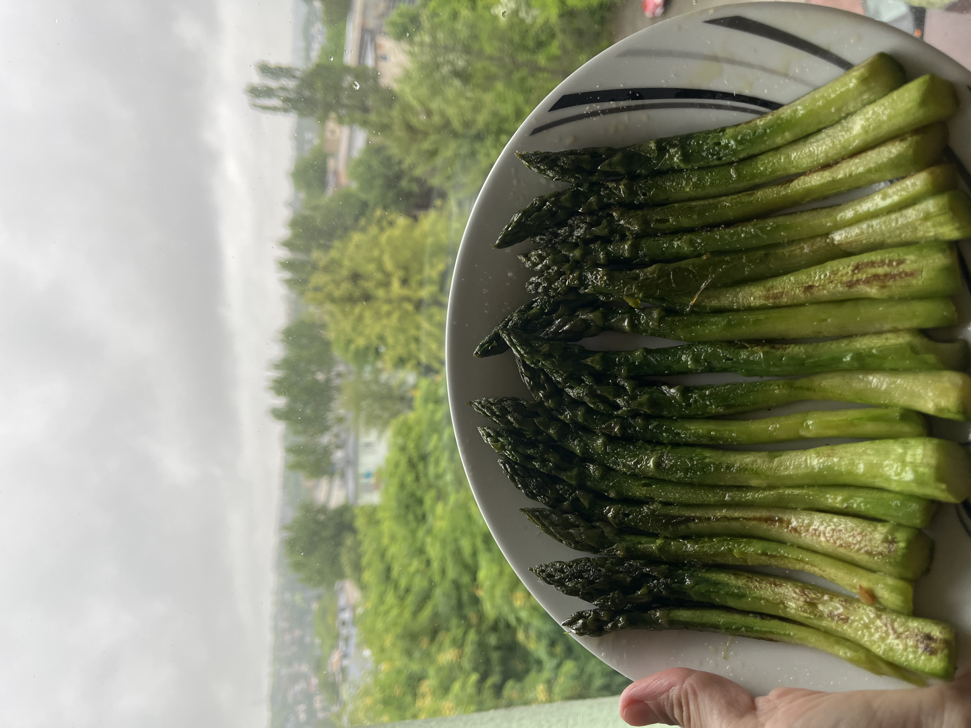 Home cook documents asparagus preparation under overcast afternoon skies