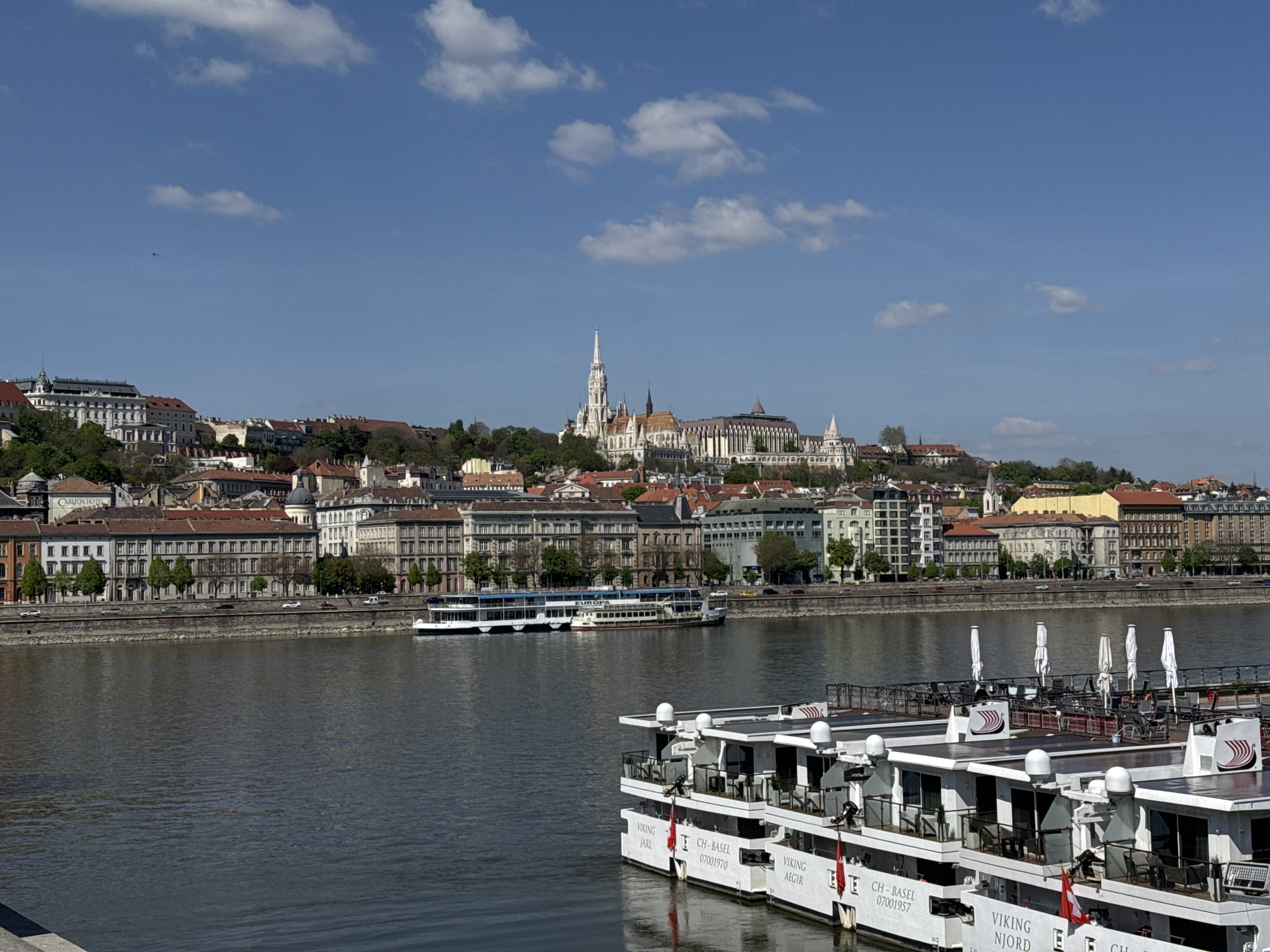 Viking cruise fleet docked along Budapest's Danube River