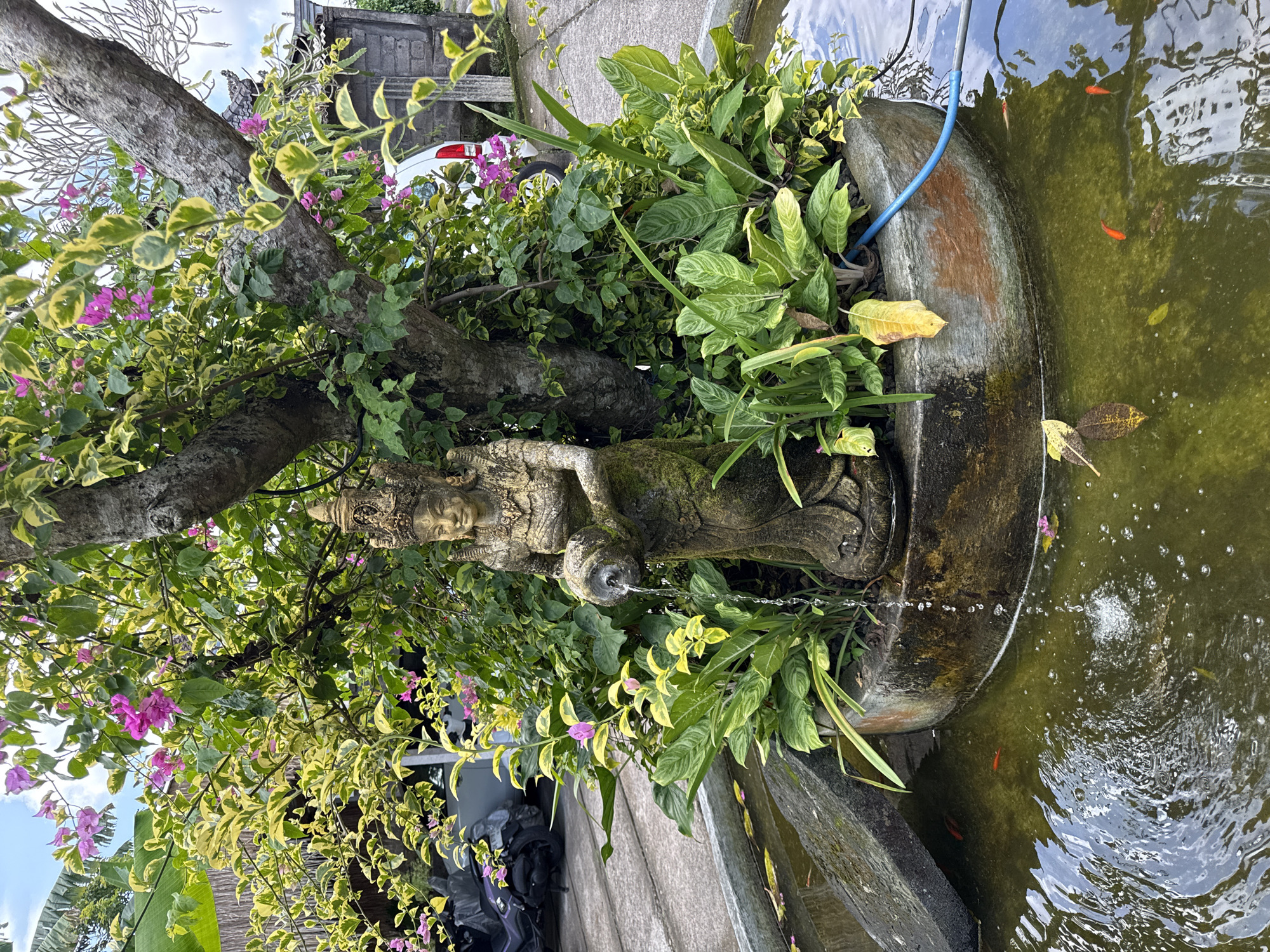 Morning scenes documented in Sukawati featuring water sculpture, floral arrangements