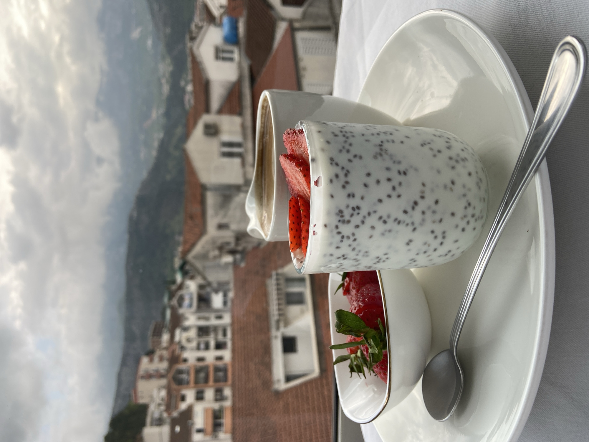 Morning breakfast preparation and dining captured in Budva, Montenegro
