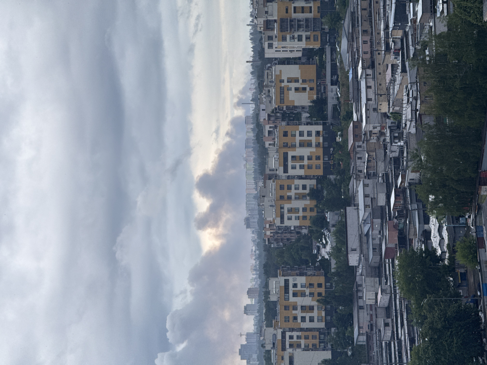 Overcast panorama across a low-rise Kyiv neighborhood