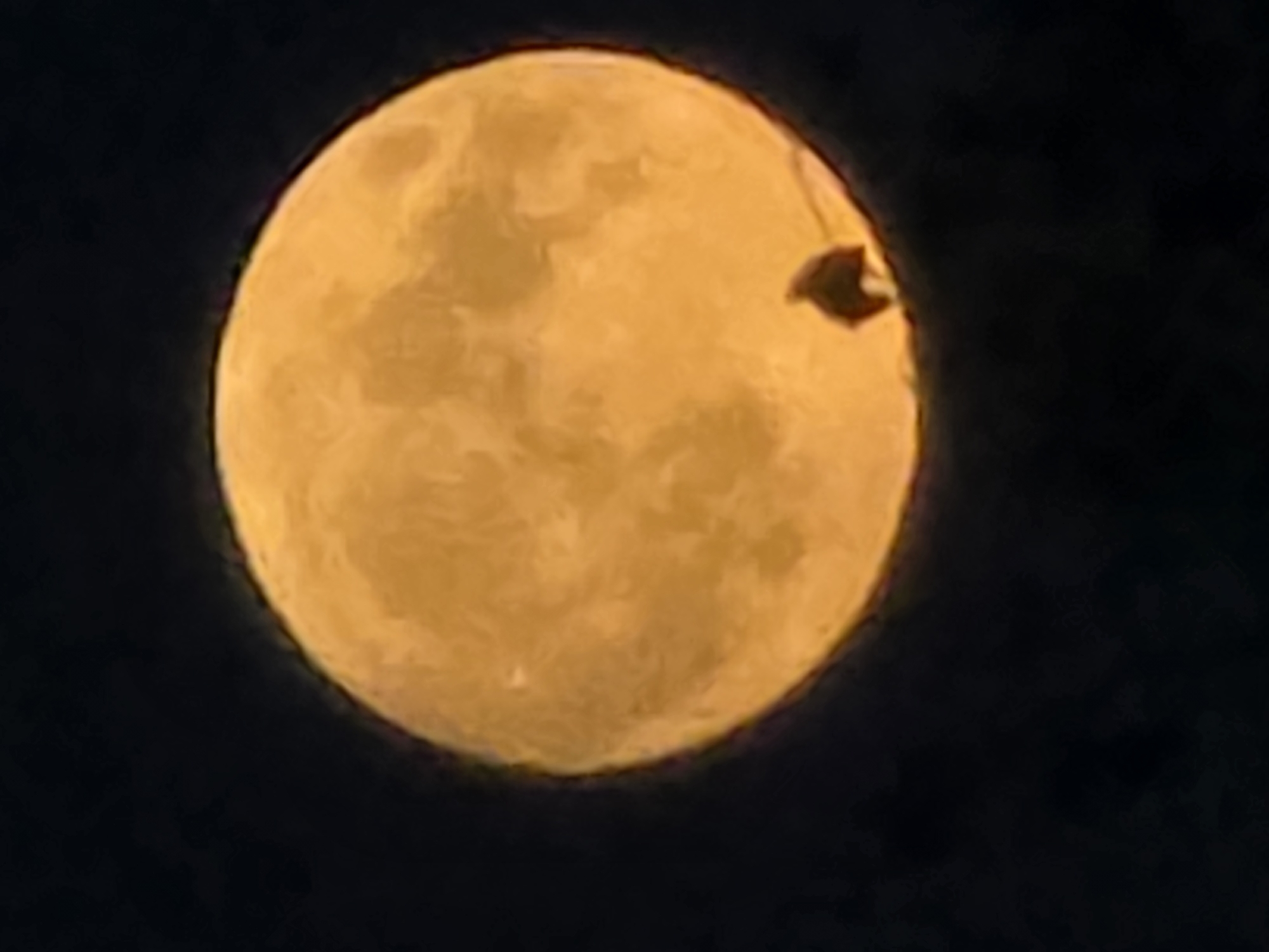 Orange full moon rising over Kelsterbach, July evening