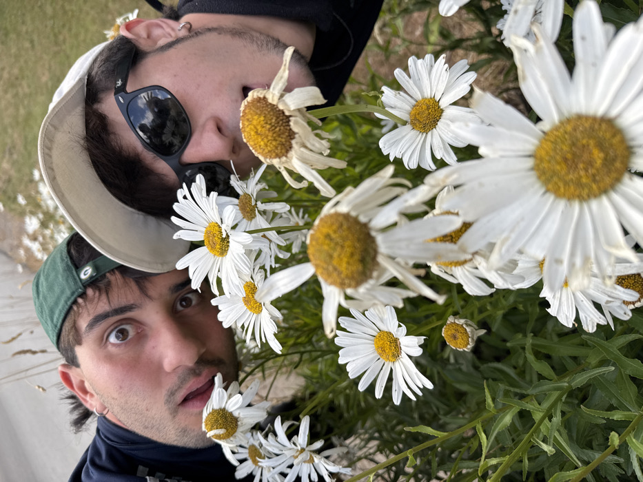 Young men explore daisy fields, roads near Bariloche, Argentina