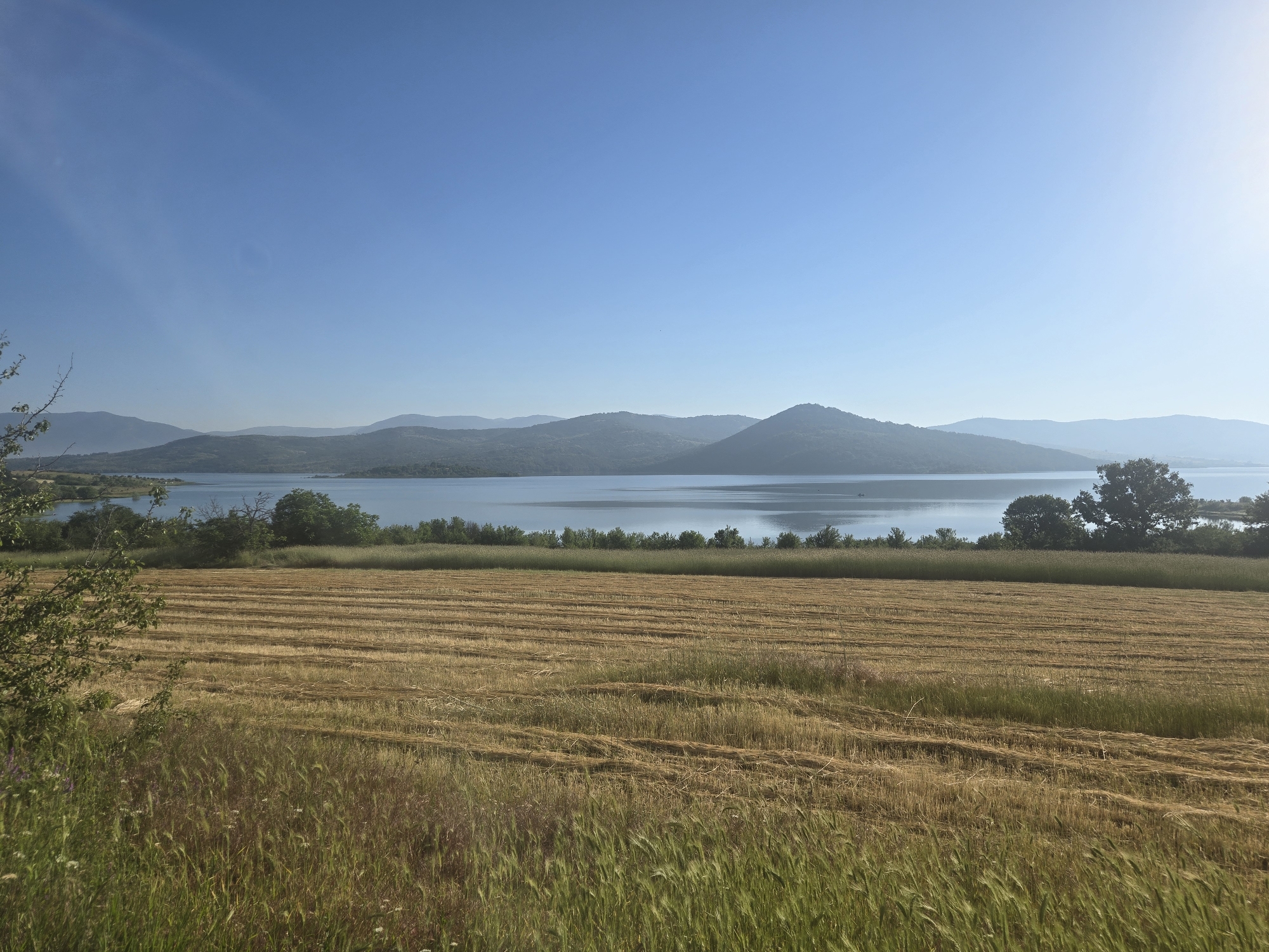 Rural landscape with hay fields and water body documented