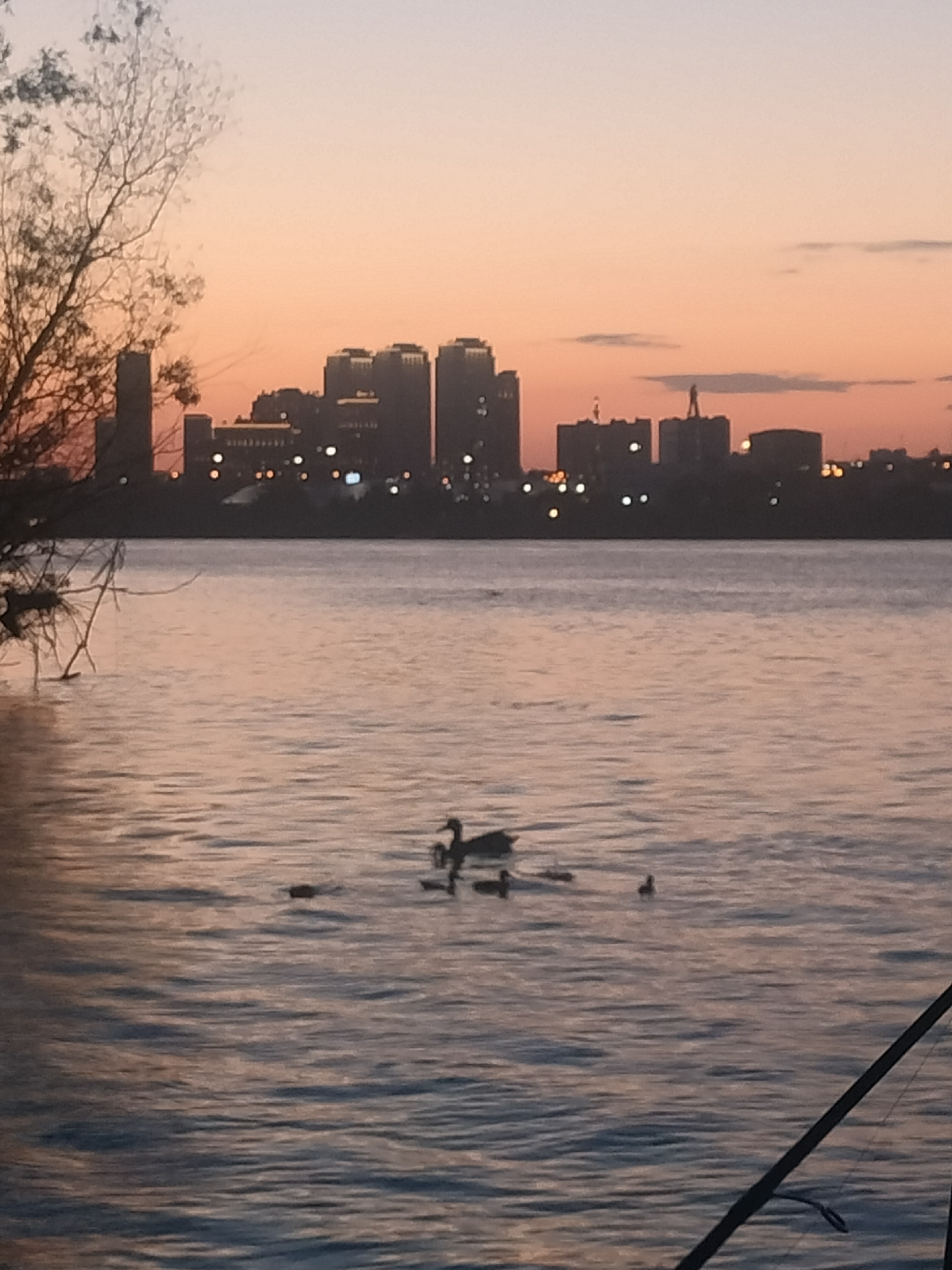 Novosibirsk skyline glows along the river at golden hour