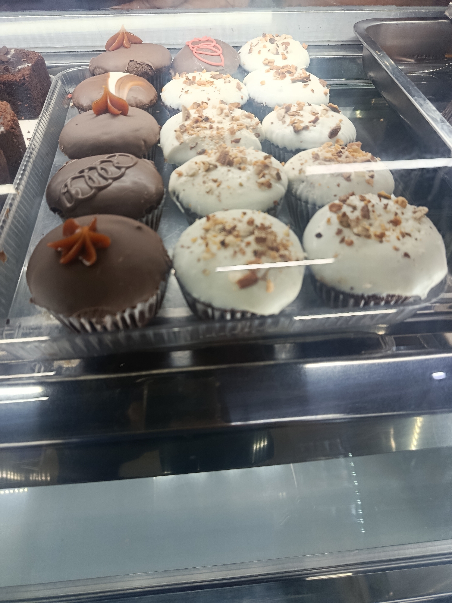 Late-night bakery visit features dessert displays and resident cat