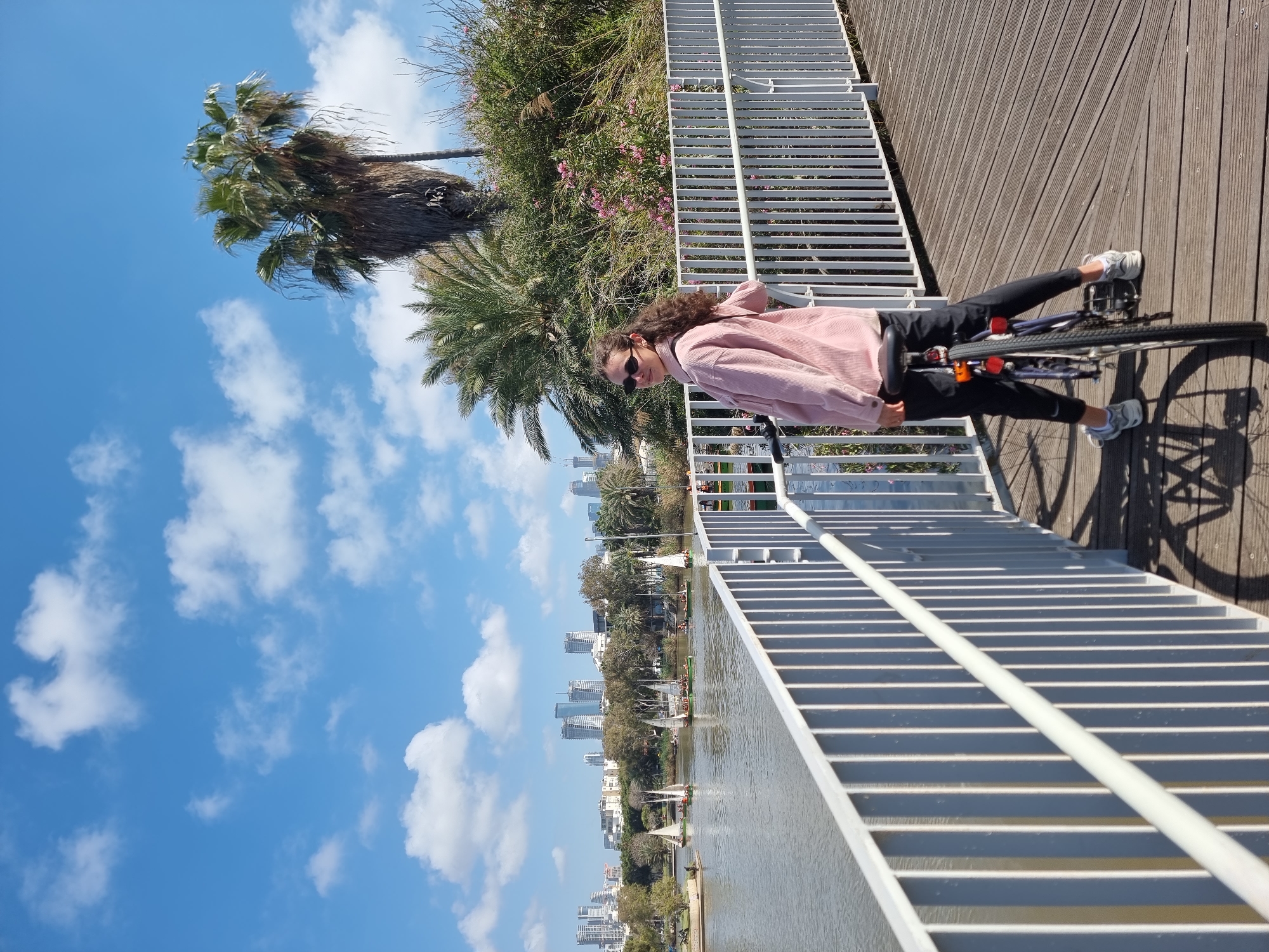 Recreational boating and cycling activity observed on Yarkon River, Tel Aviv