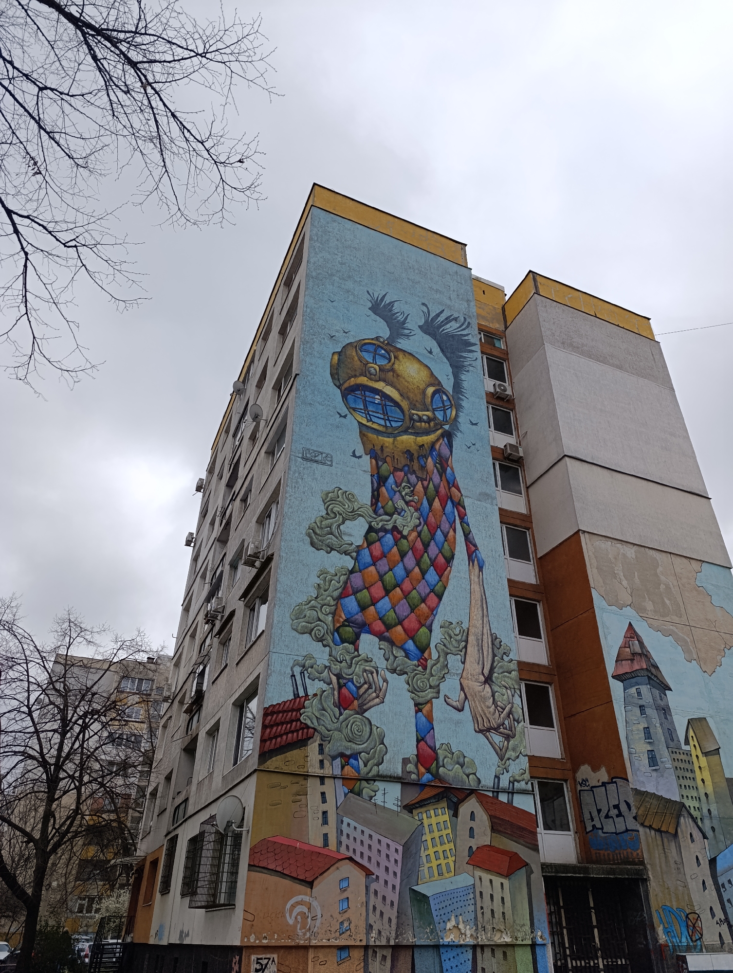 Low-flying aircraft observed over Sofia amid street art documentation