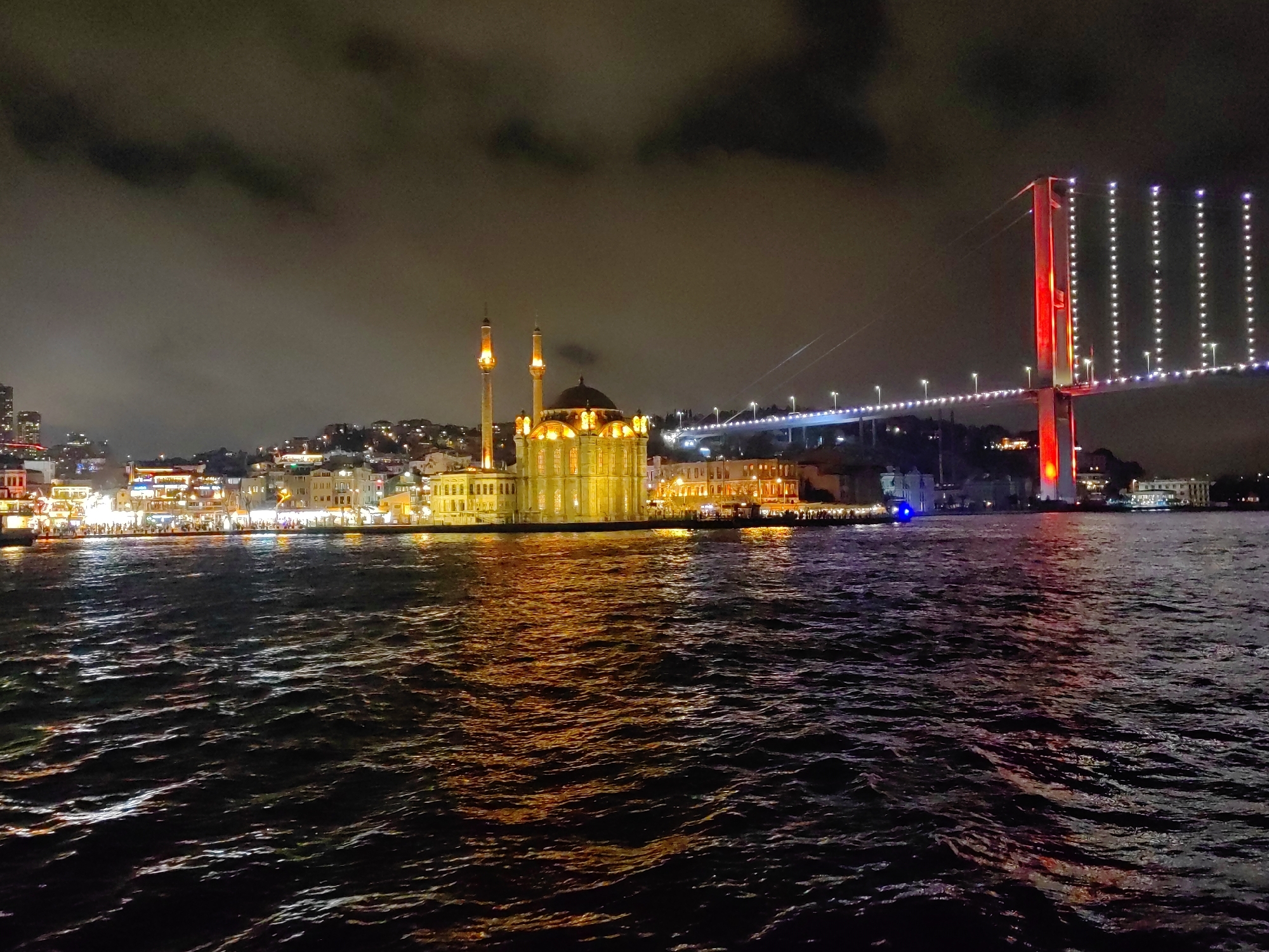 Istanbul's Ortaköy Mosque and Bosphorus Bridge illuminated at night