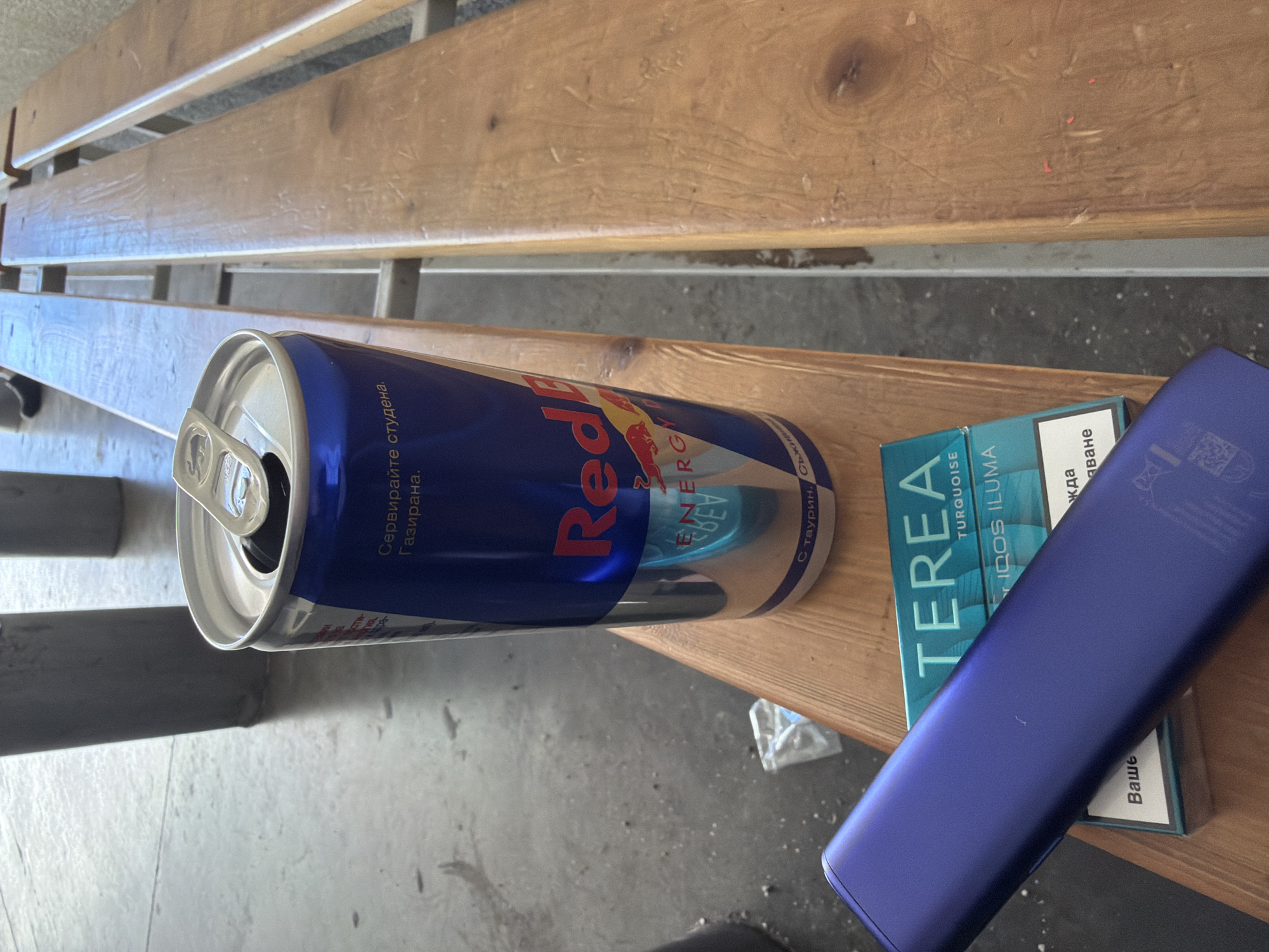 Afternoon break with energy drink and tobacco in Kazanlak park