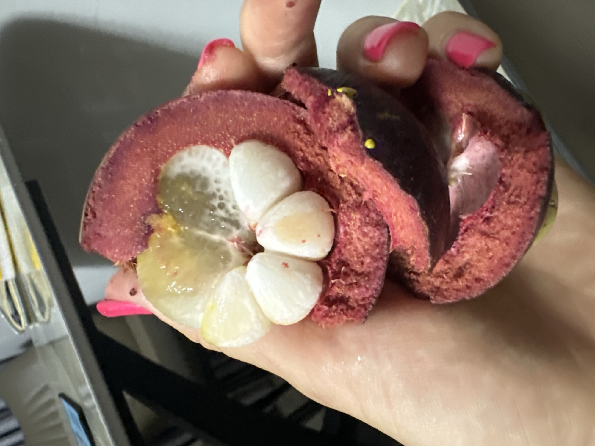 Person displays halved mangosteen fruit in Vietnam indoor setting