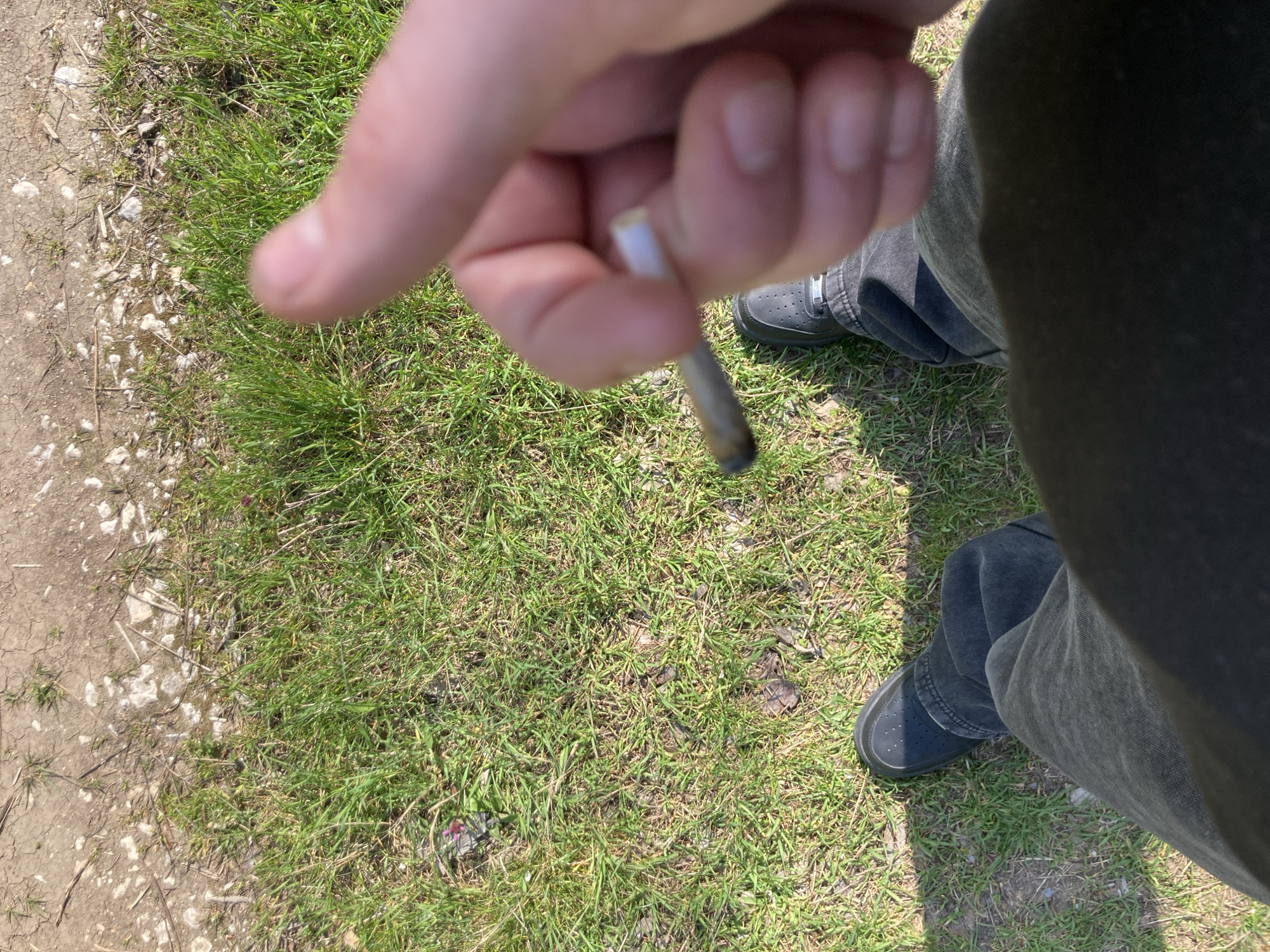 Person smoking cigarette on grass near dirt path
