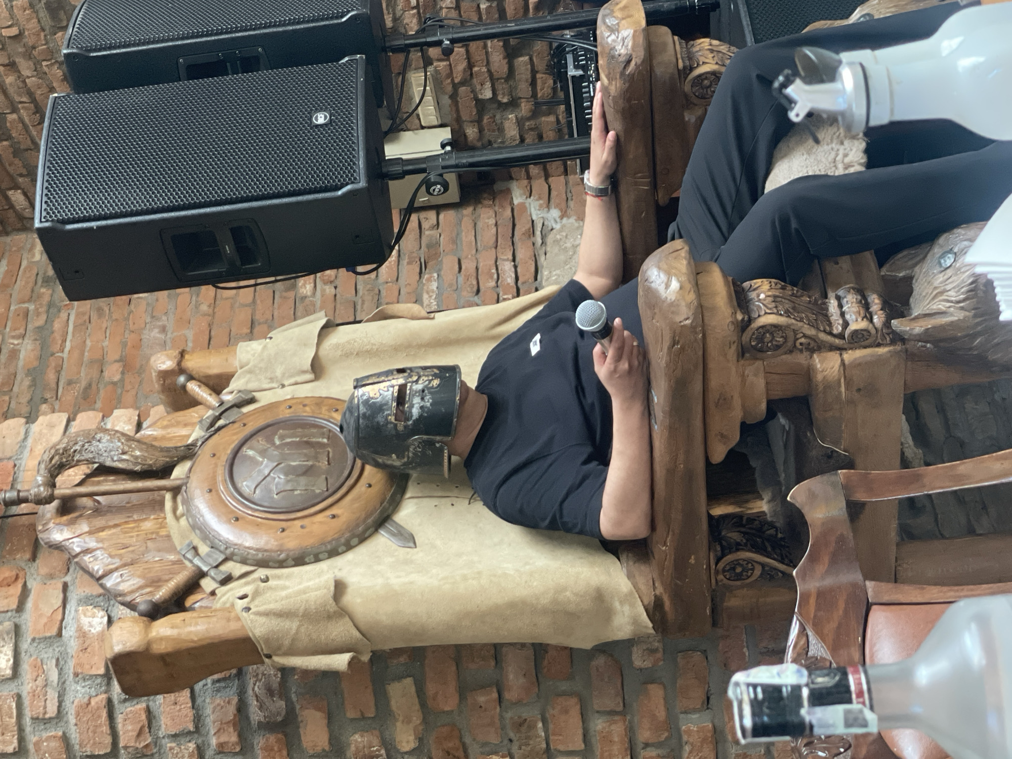 Helmeted Person Spotted on Wooden Throne in Lukovit, Bulgaria