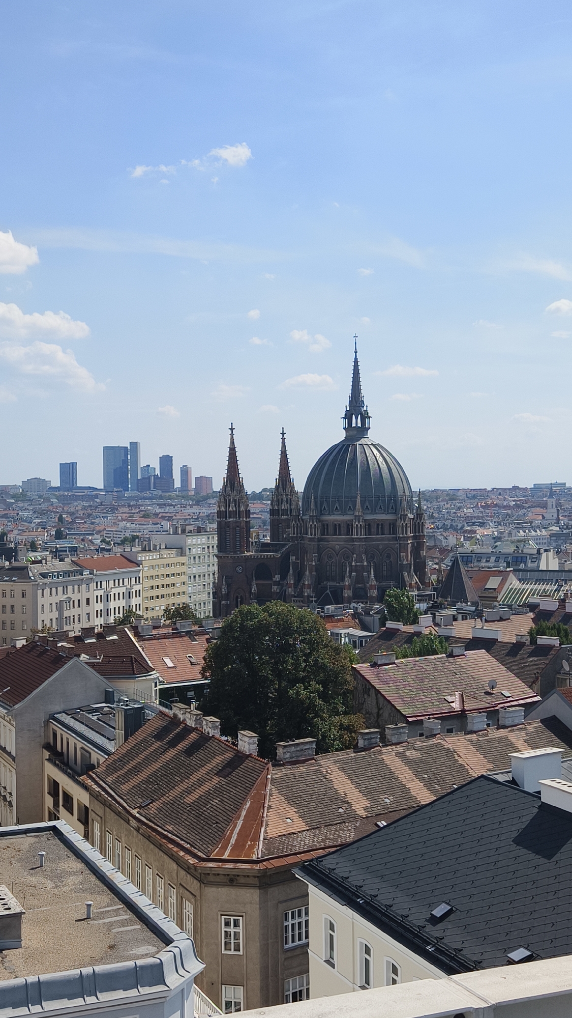 Vienna rooftop terrace with planters, pride flag, and city views