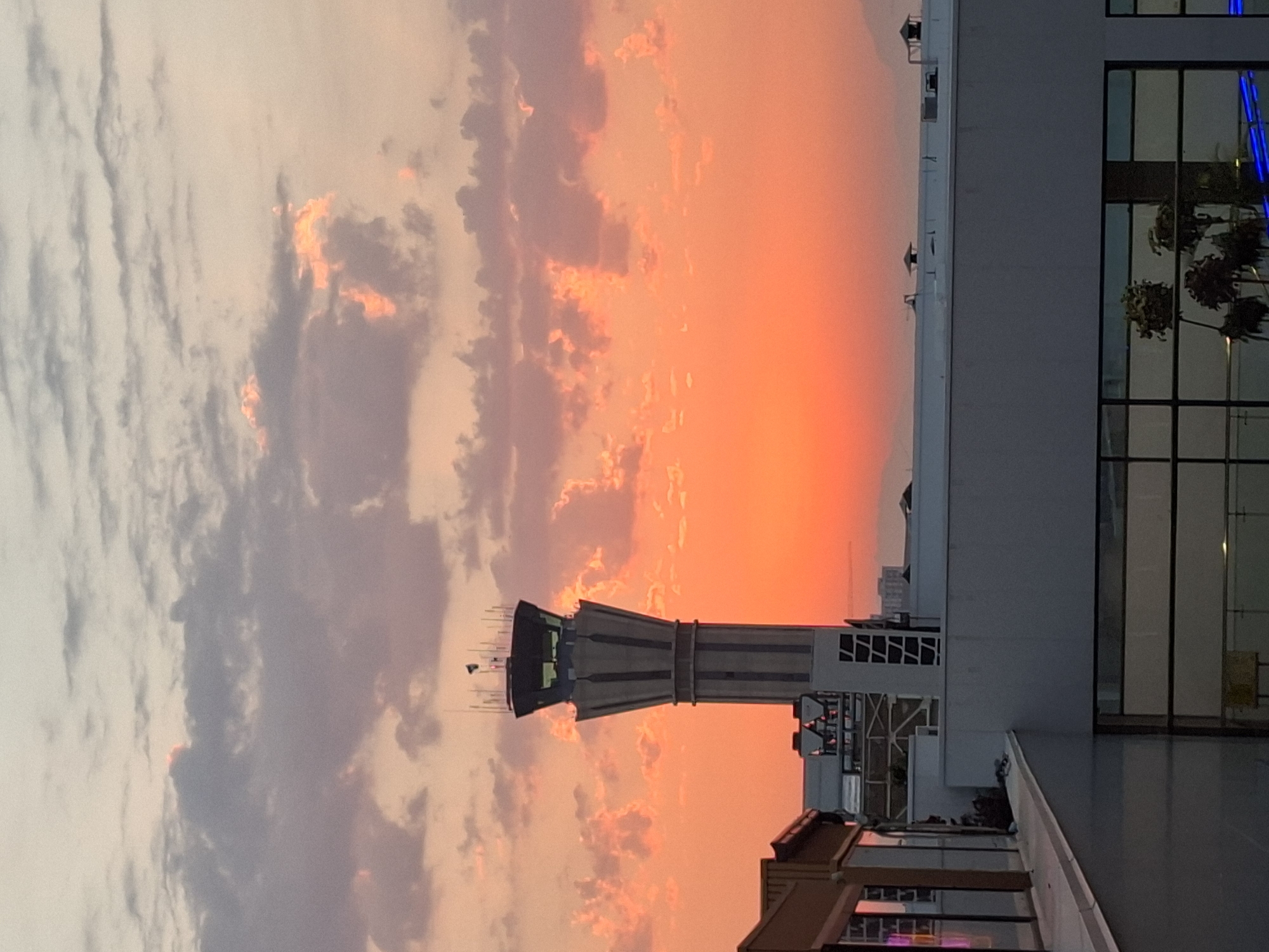 Tashkent airport control tower at sunset