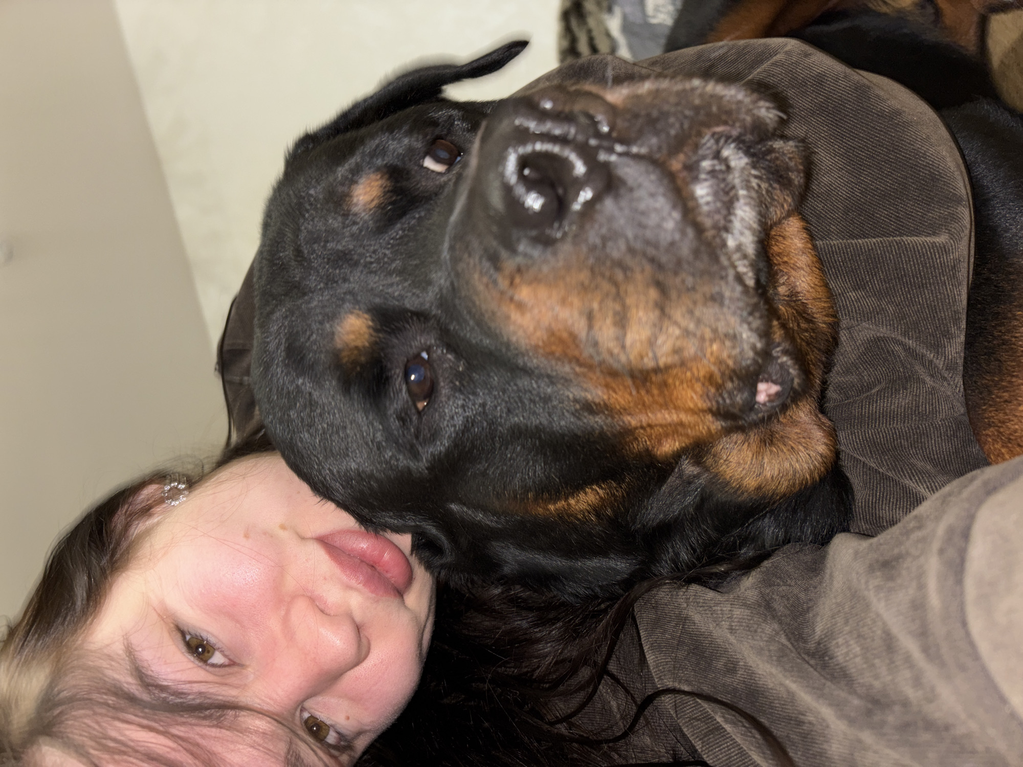 Person poses with Rottweiler in intimate portrait, Perm