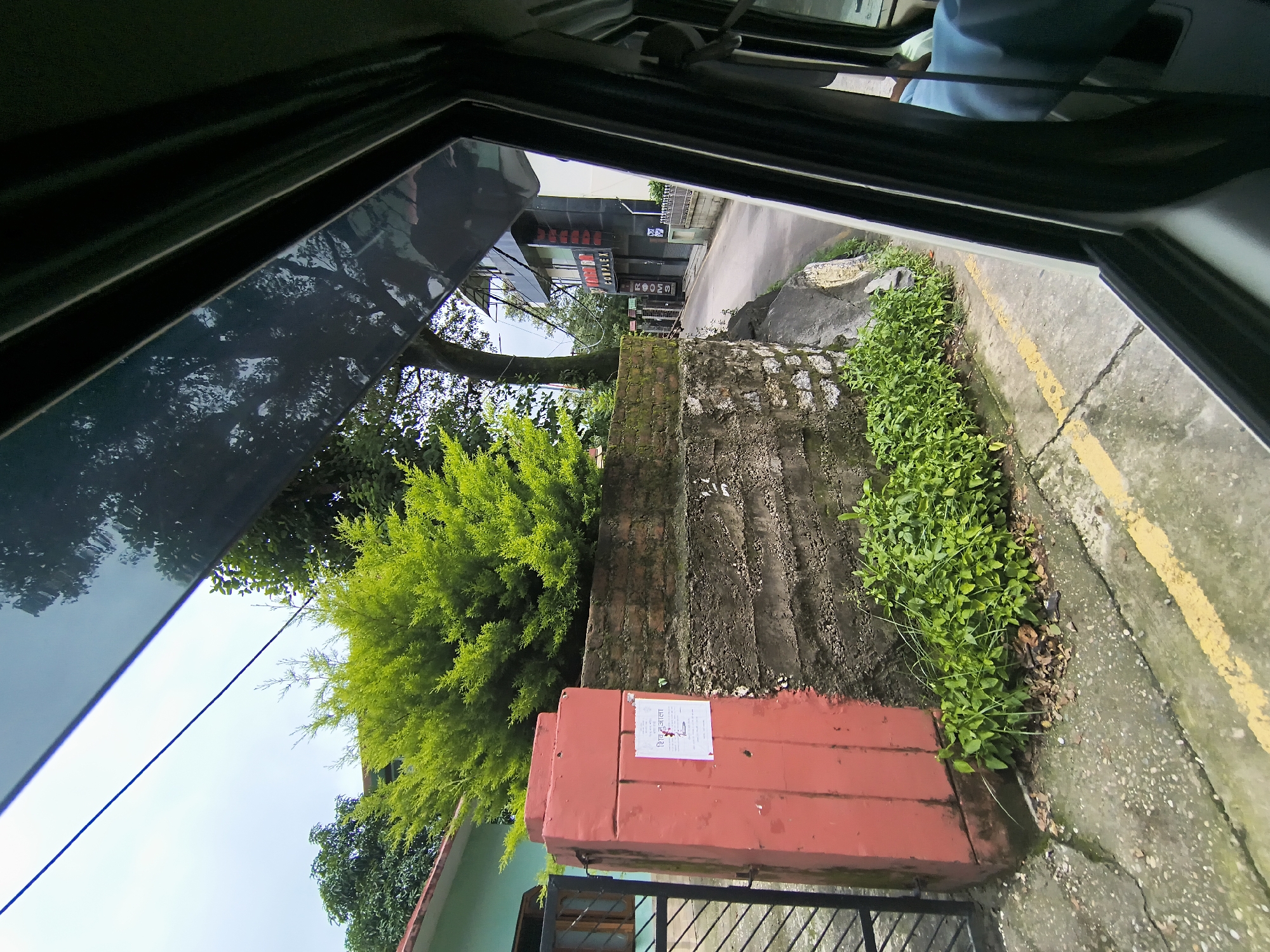 Passing through Dharamshala streets on a green tree-lined road