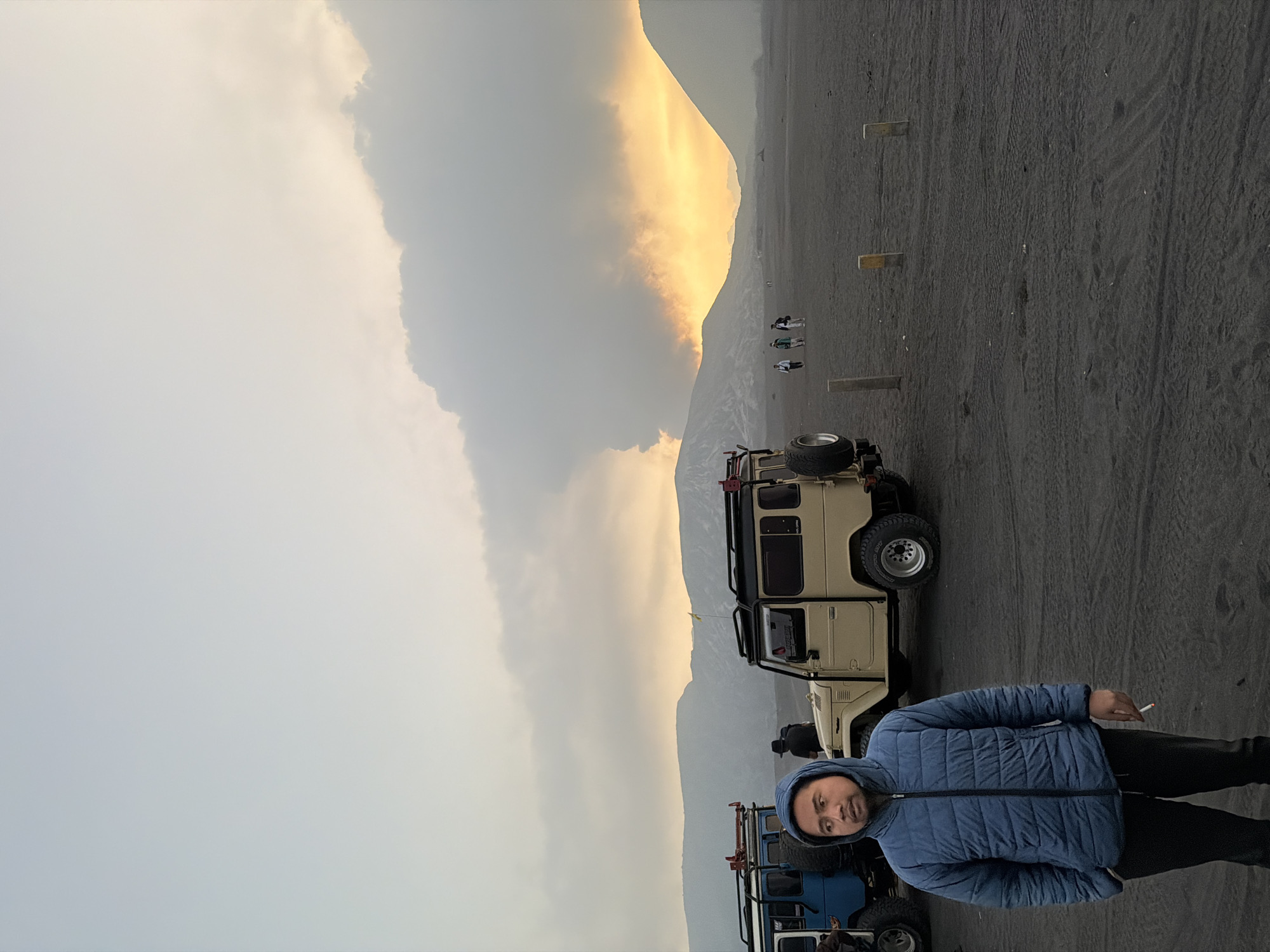 Sunset trek across volcanic sands at Bromo, Indonesia