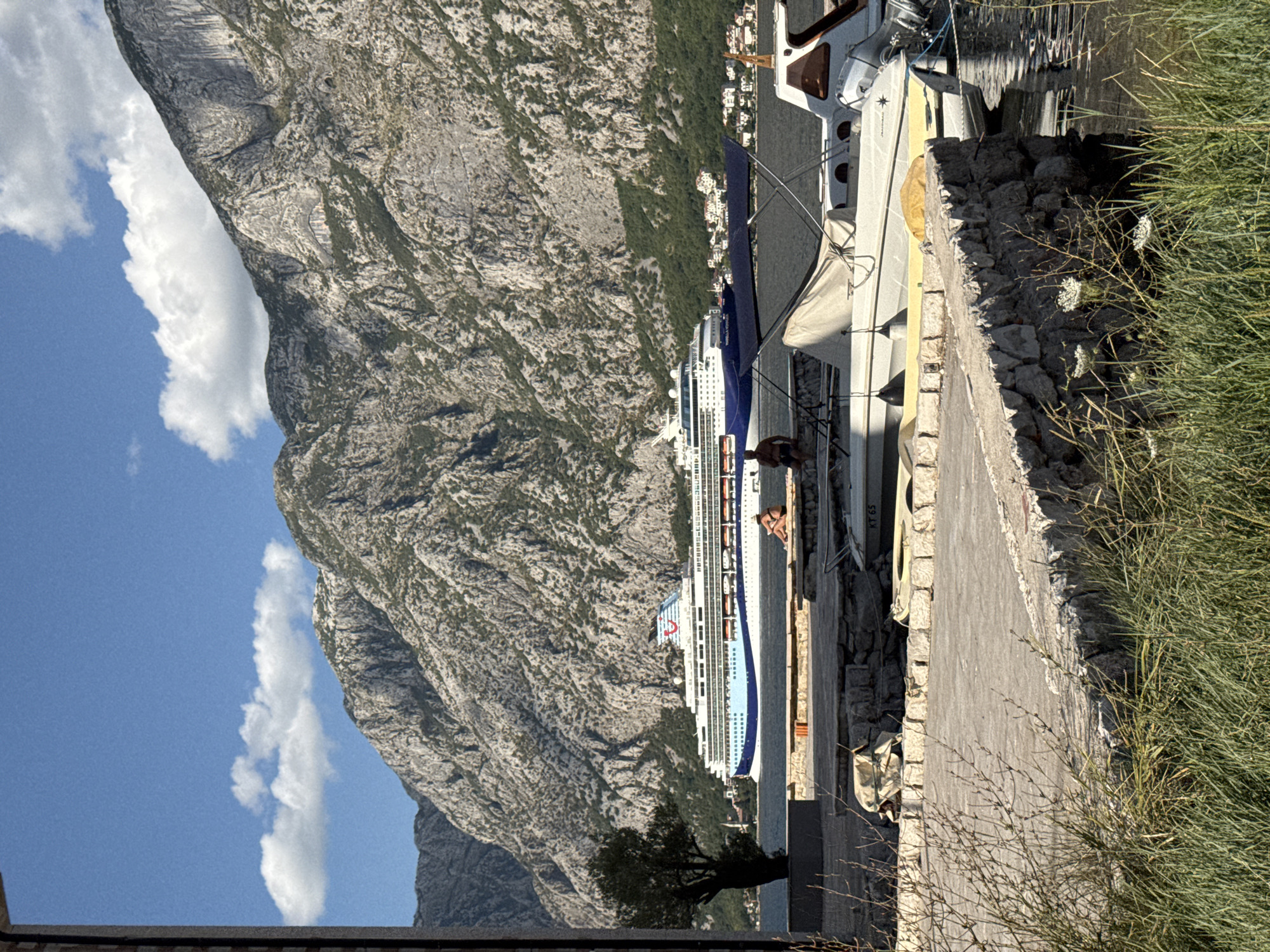 Two cruise ships pass through the Bay of Kotor at Prčanj