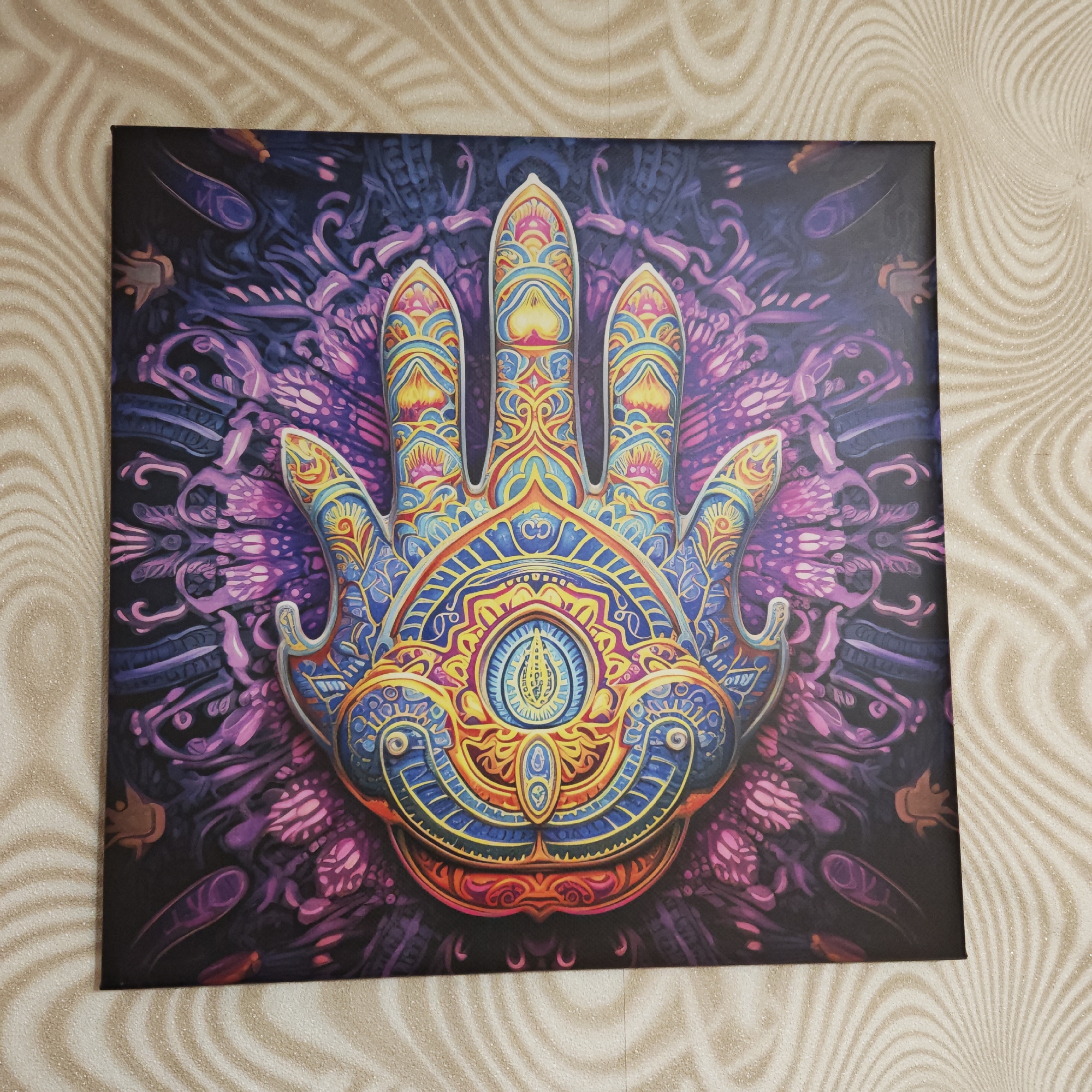 Ornate Hamsa hand artwork displayed in Kladovitsy home