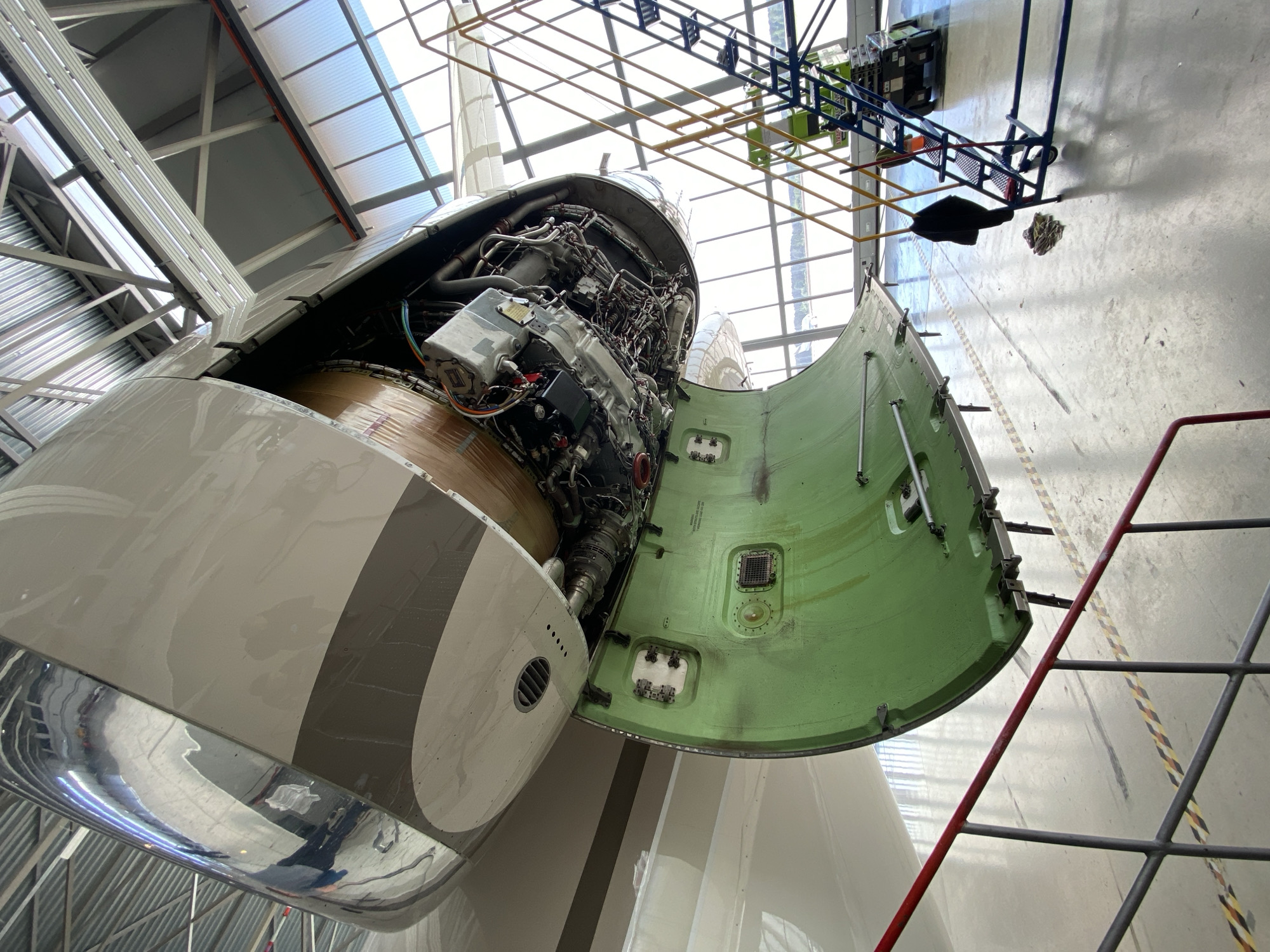 Aircraft undergoes engine maintenance at Skulte, Latvia hangar