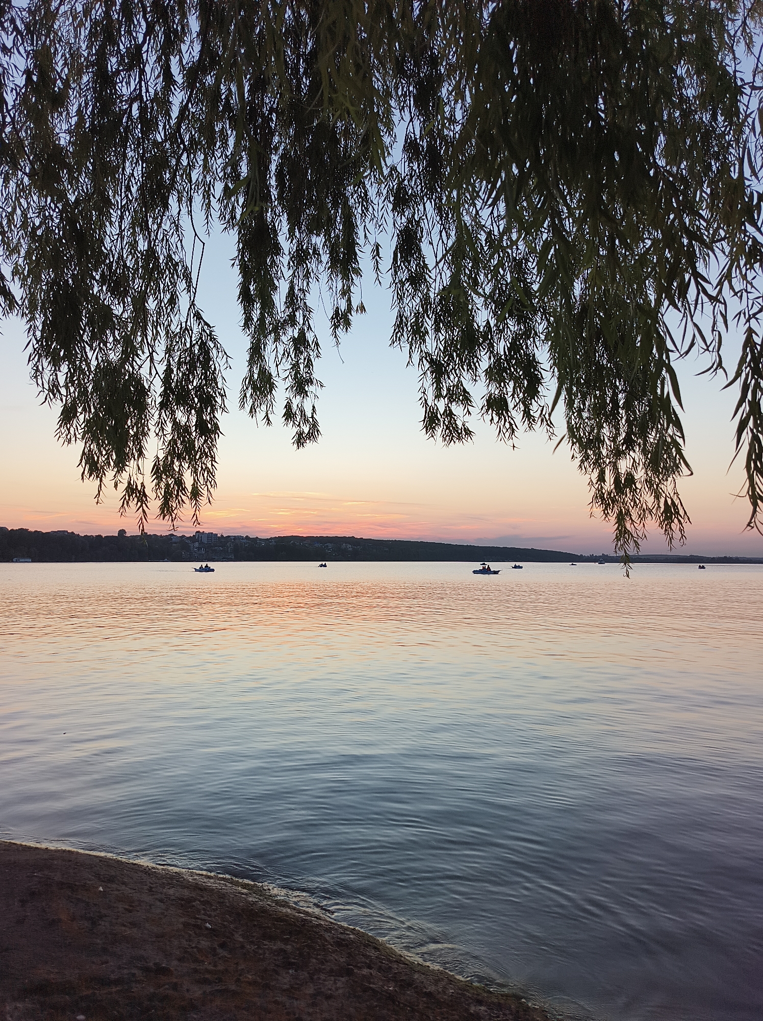 Summer sunset over Ternopil Lake, pedal boats on the water