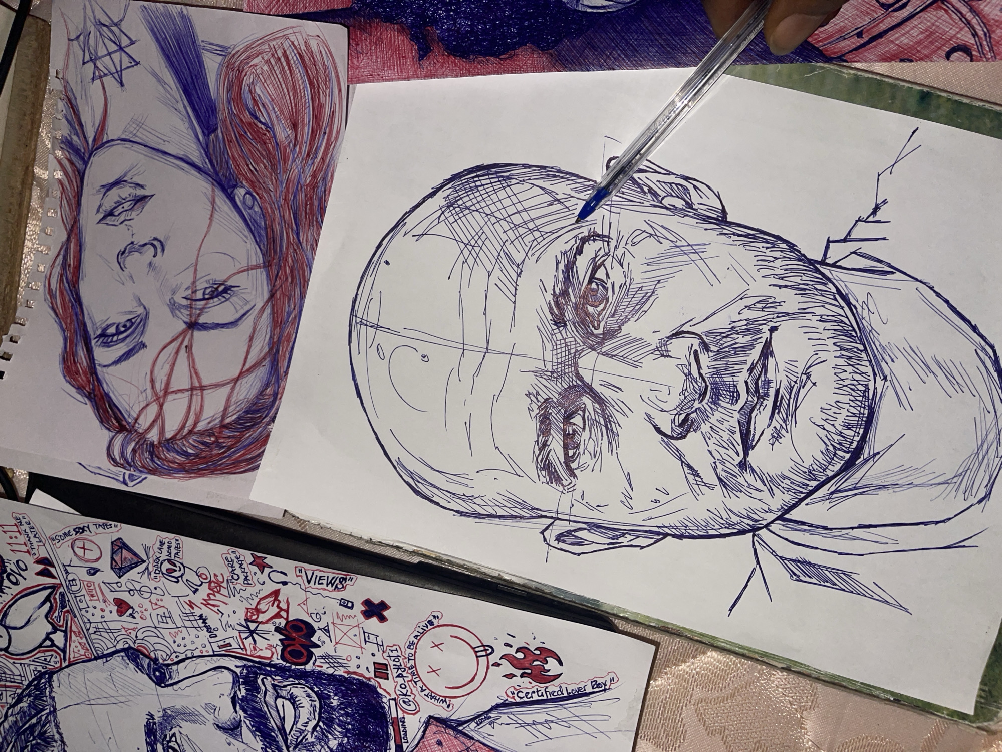Ballpoint portrait sketches in progress, Jos Nigeria