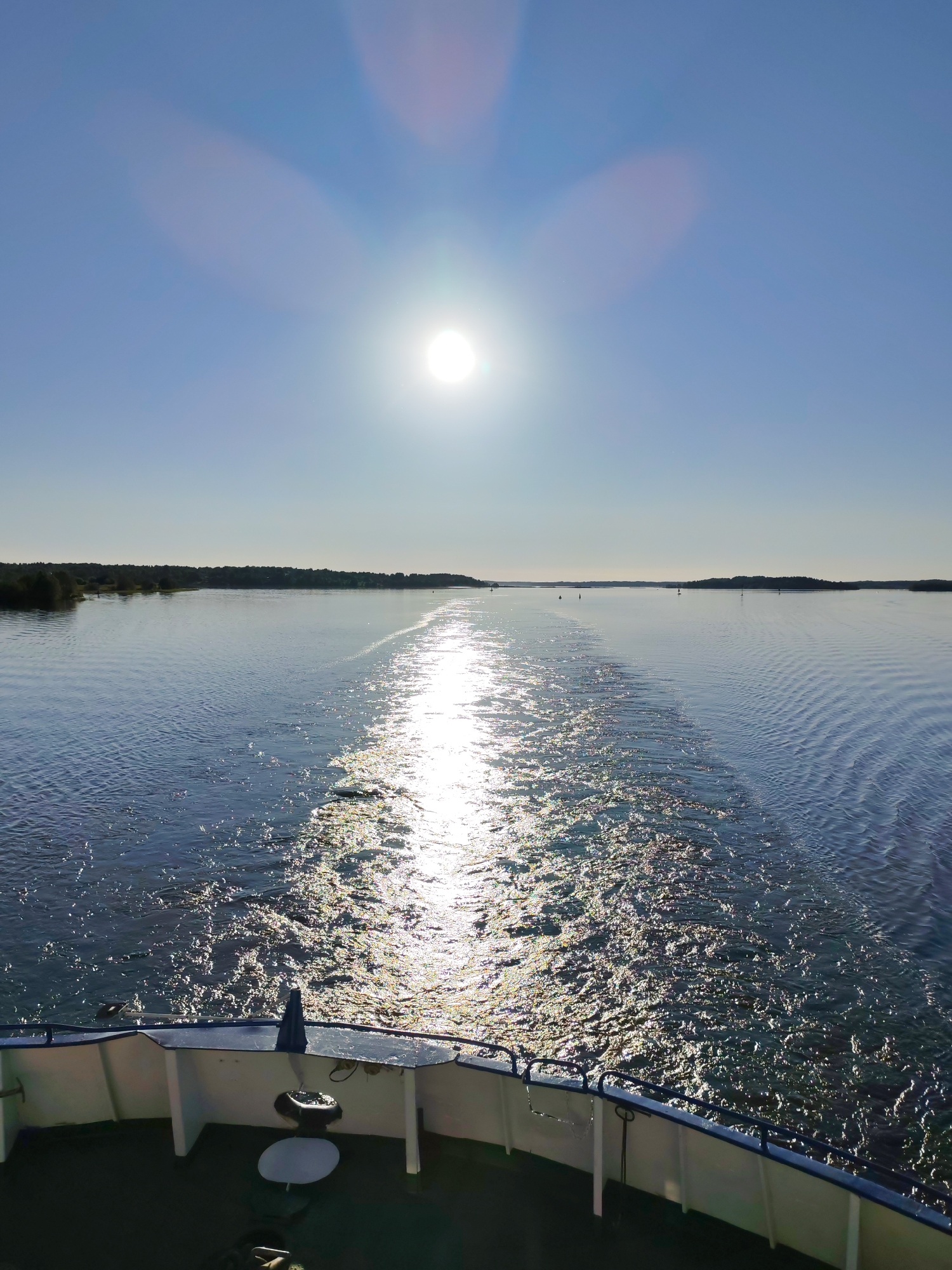 Vessel travels calm waterway near Goritsy, Russia