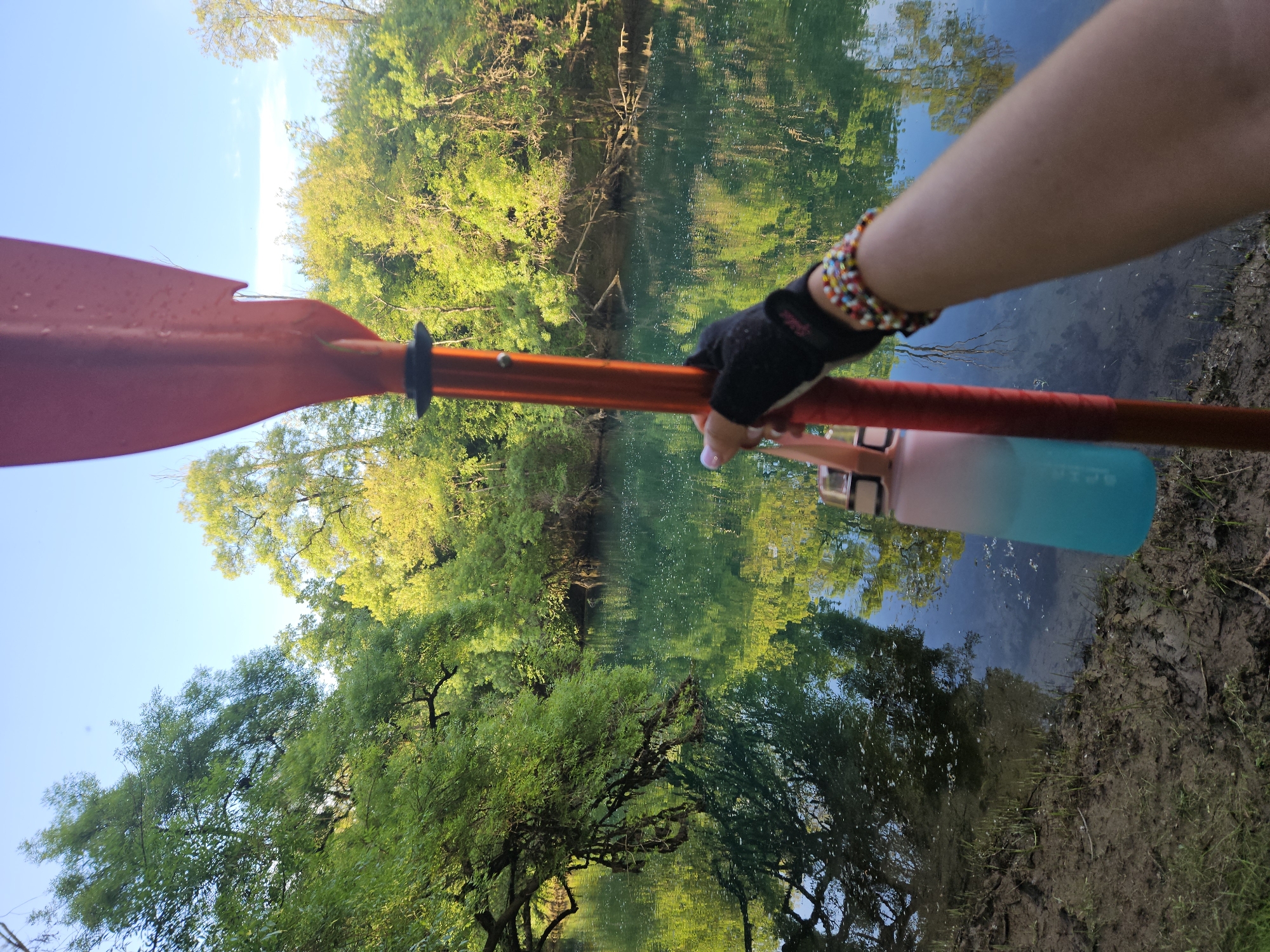 Kayaker spotted on wooded riverbank during afternoon paddle trip