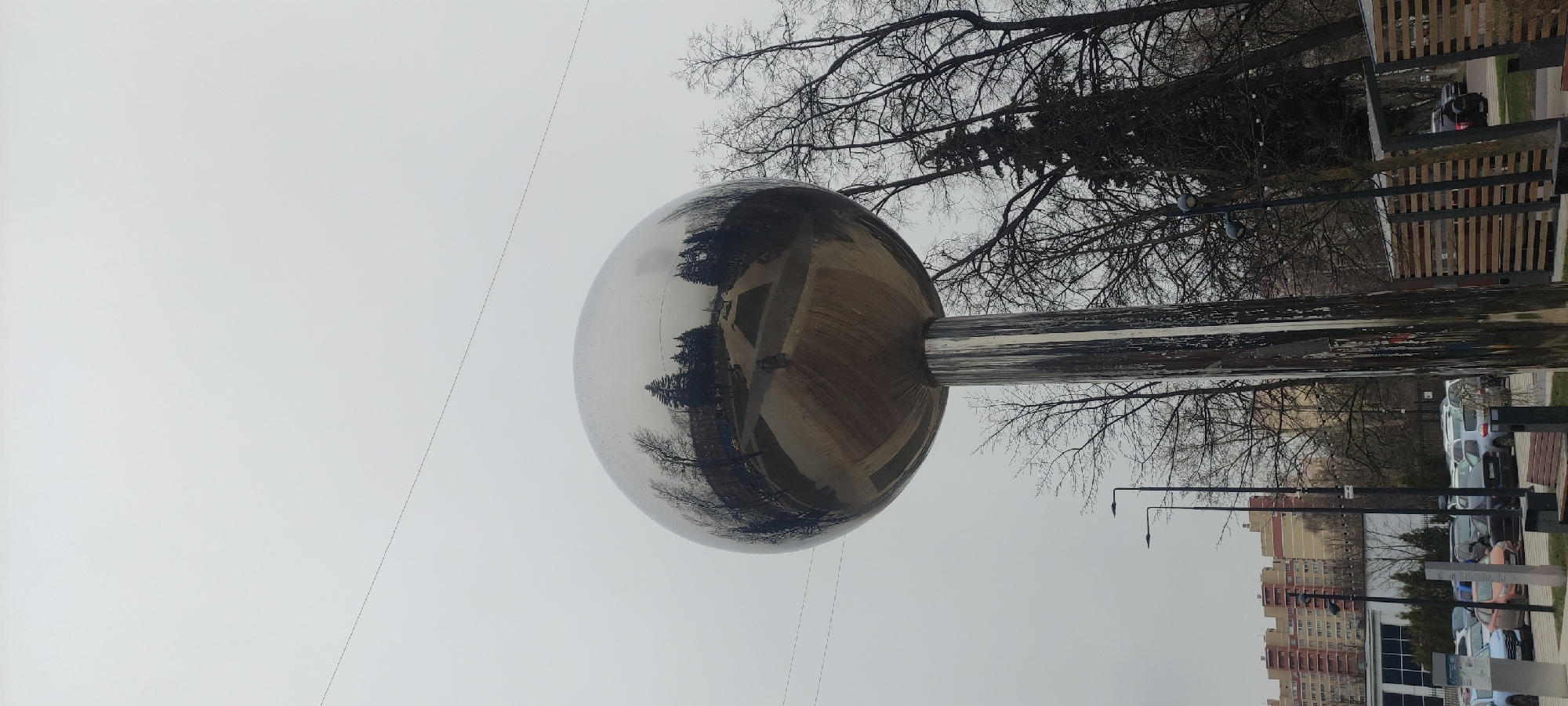 Reflective metal sphere art installation spotted in Fryazino, Russia