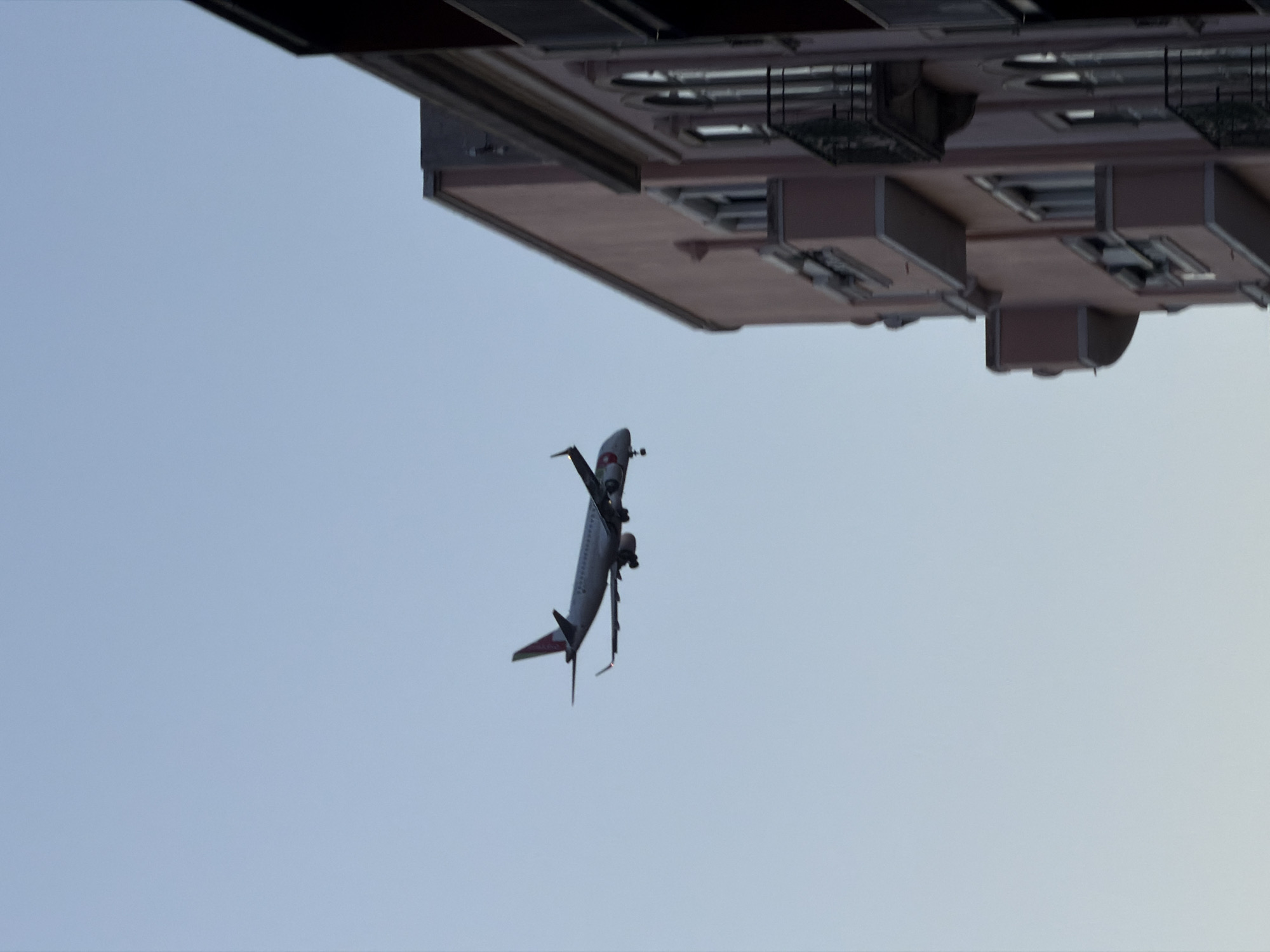 Passenger jet with landing gear spotted near Lisbon building