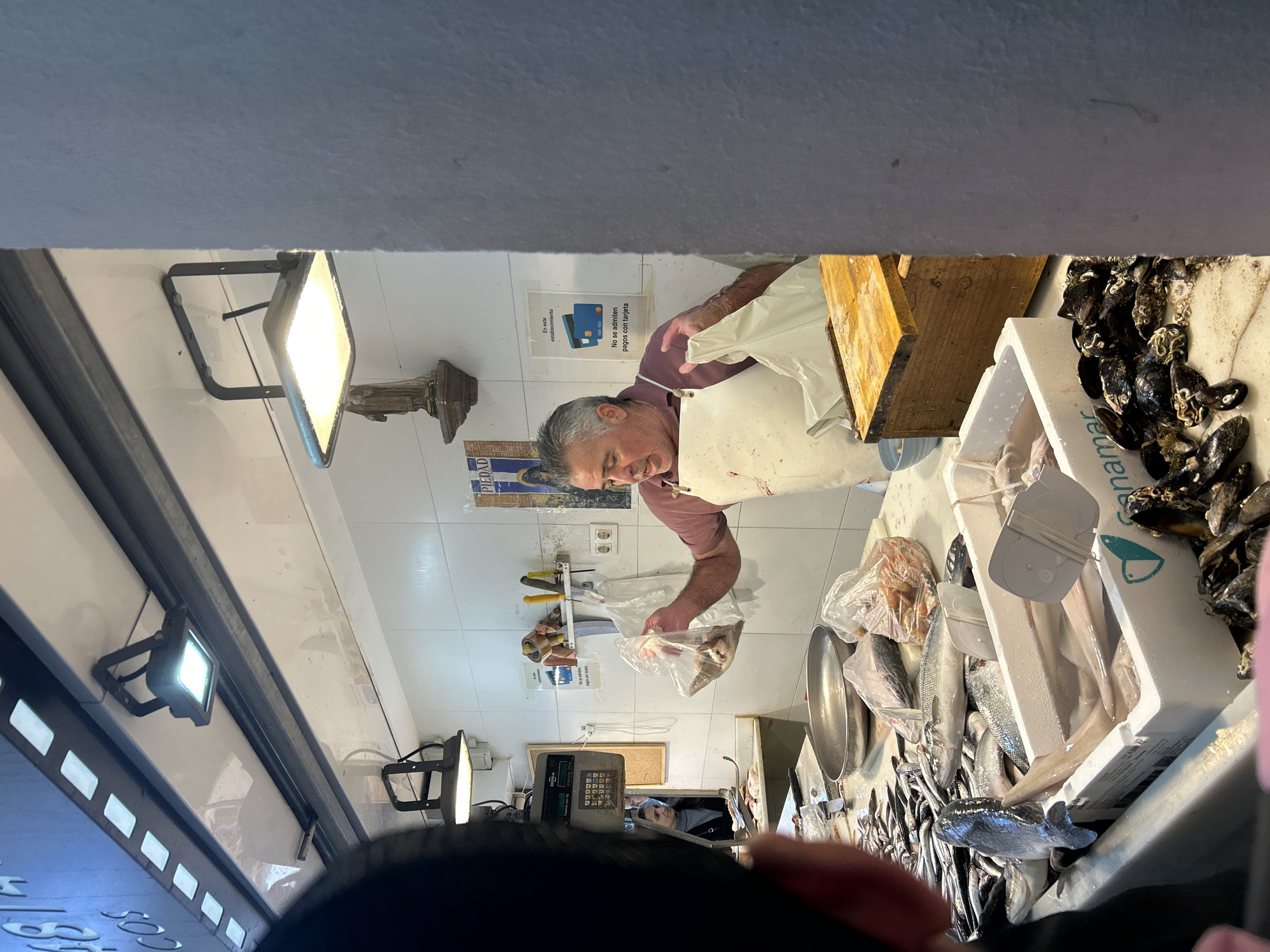 Man at fish market stall in Málaga