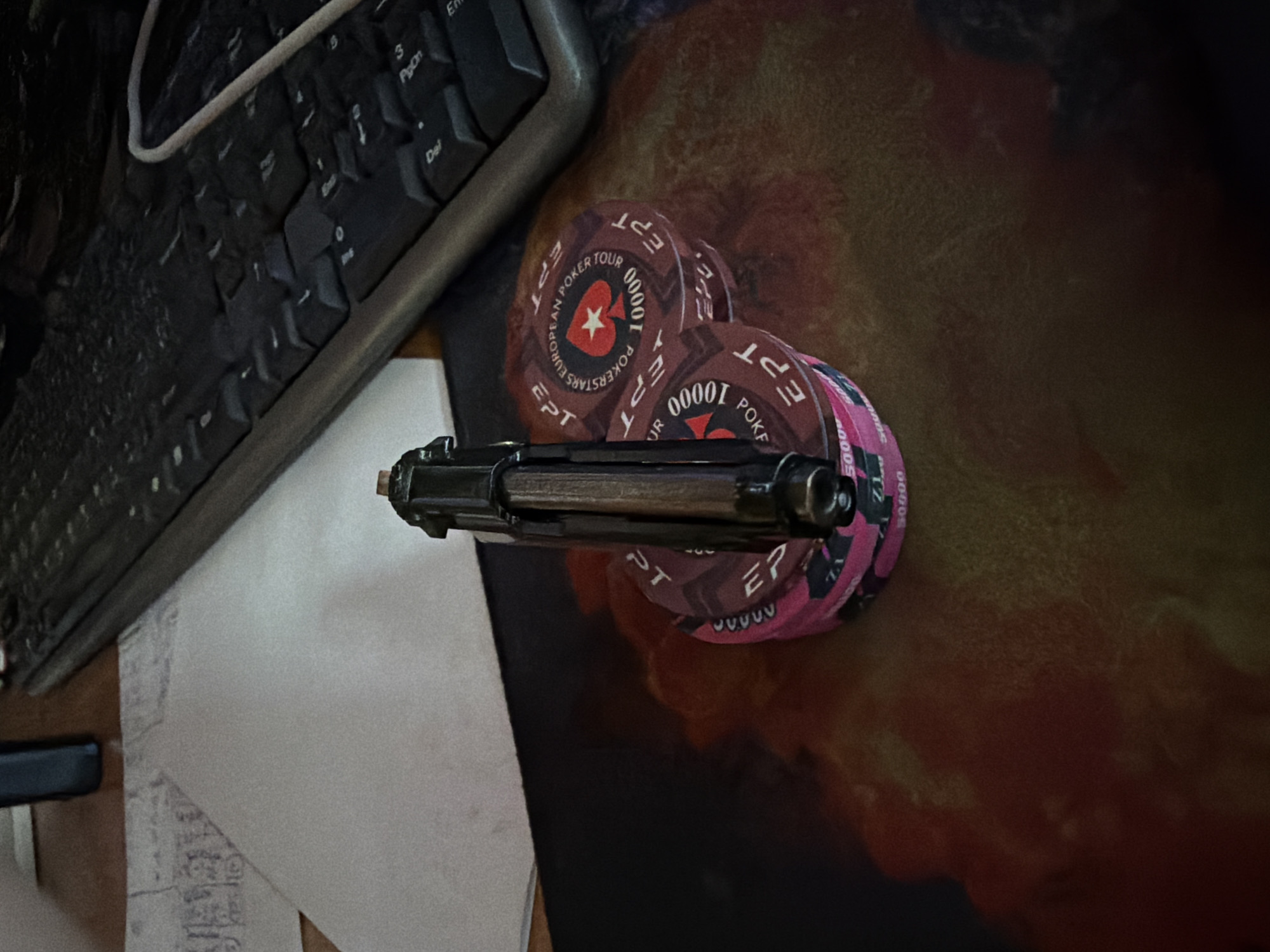 Poker chips and handgun photographed in Russian town