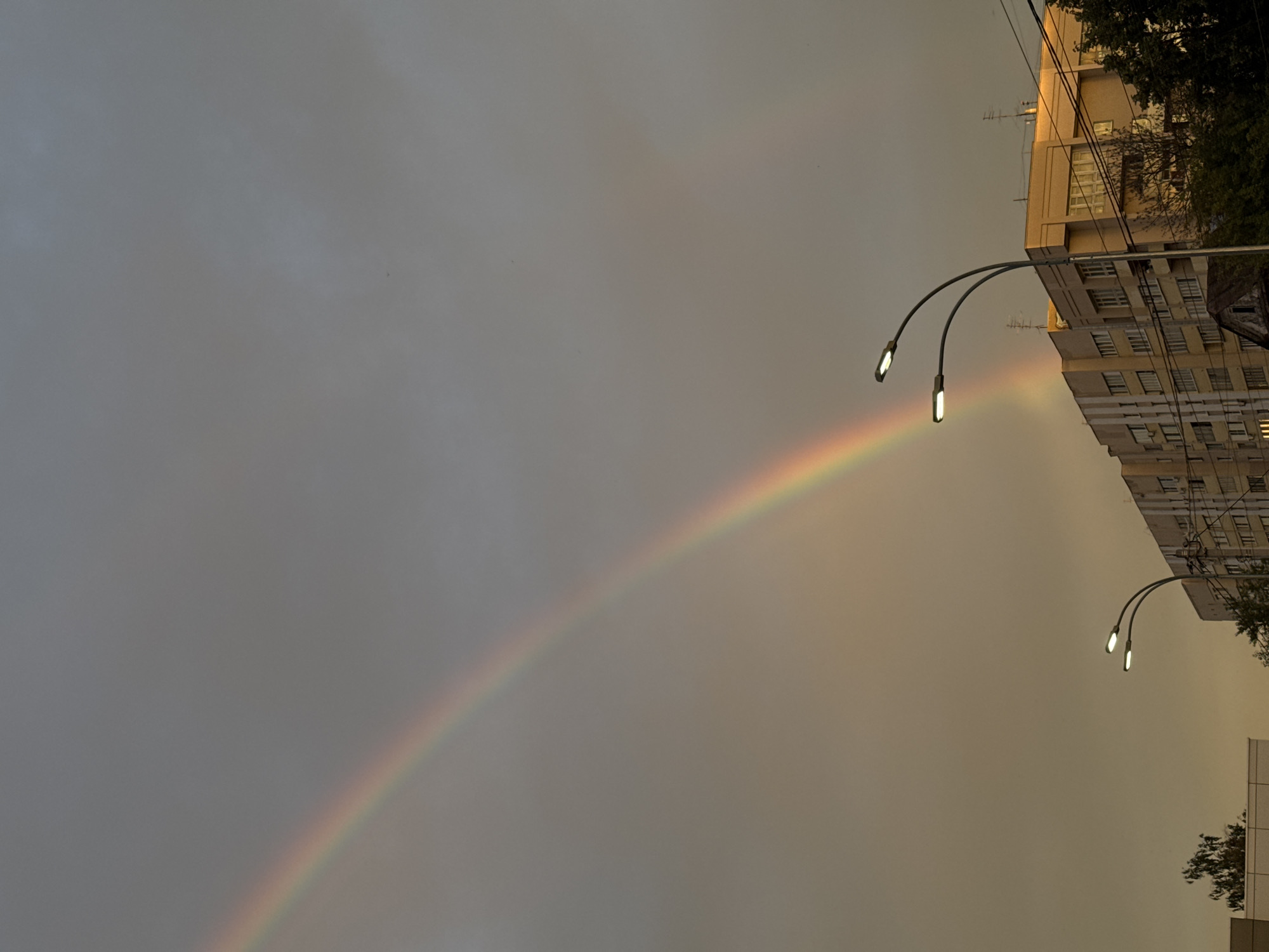 Rainbow over Nizhny Novgorod apartment blocks at golden hour