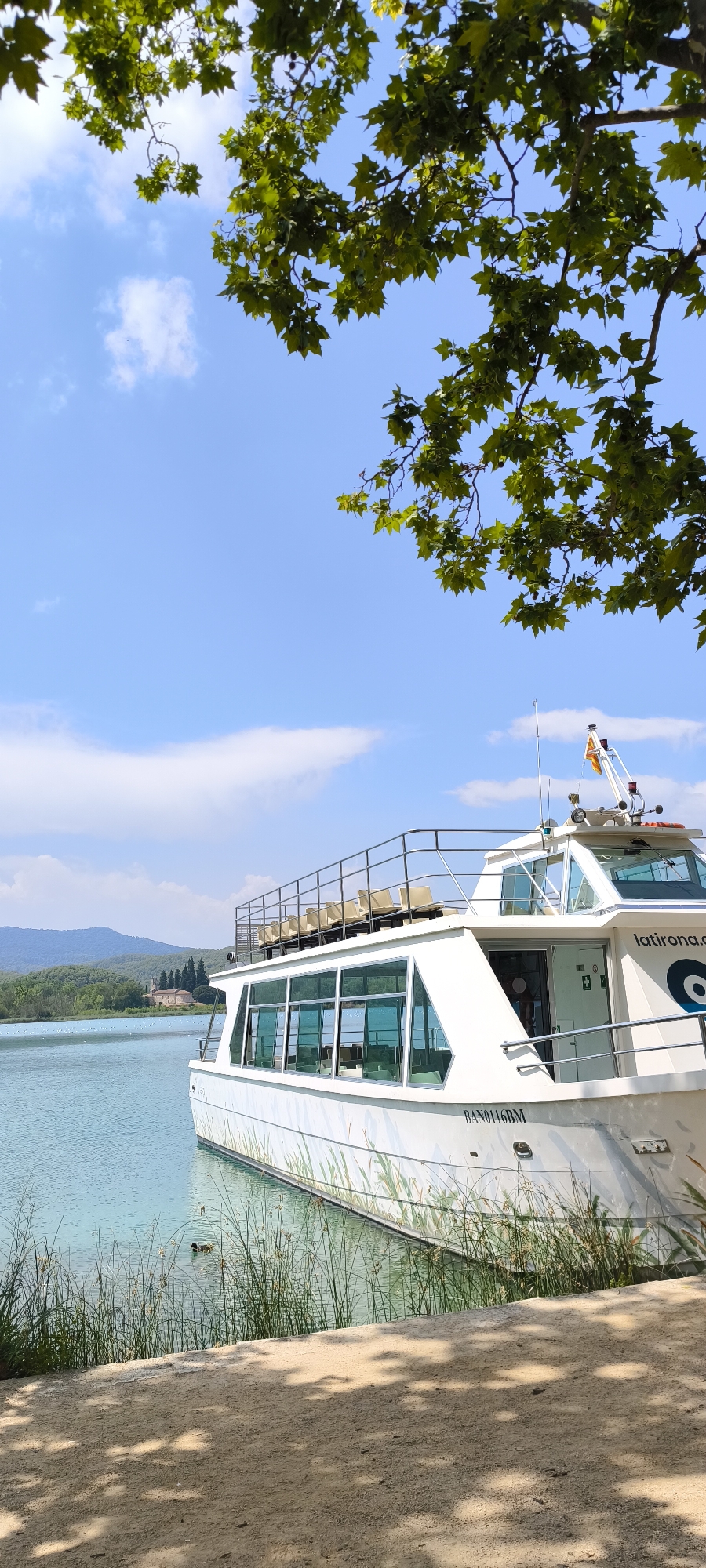 Ducks, reeds, and a docked boat on Lake Banyoles